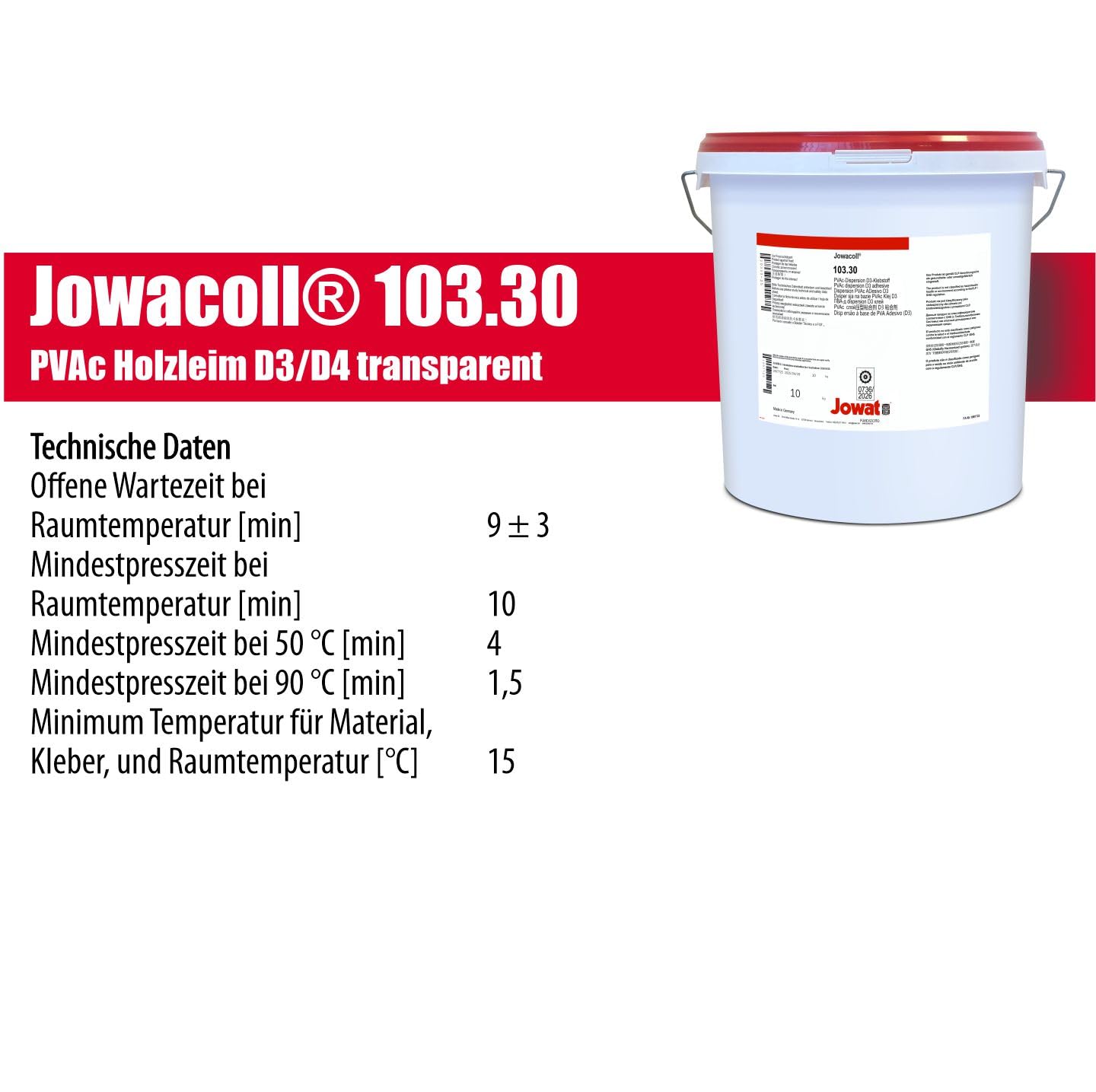 Jowat Jowacoll 103.30 10 kg Holzleim-Set inkl. Leimspachtel – Dispersionsleim D3 / D4 für Holz, Kanten, Furniere & Möbelbau – hohe Festigkeit
