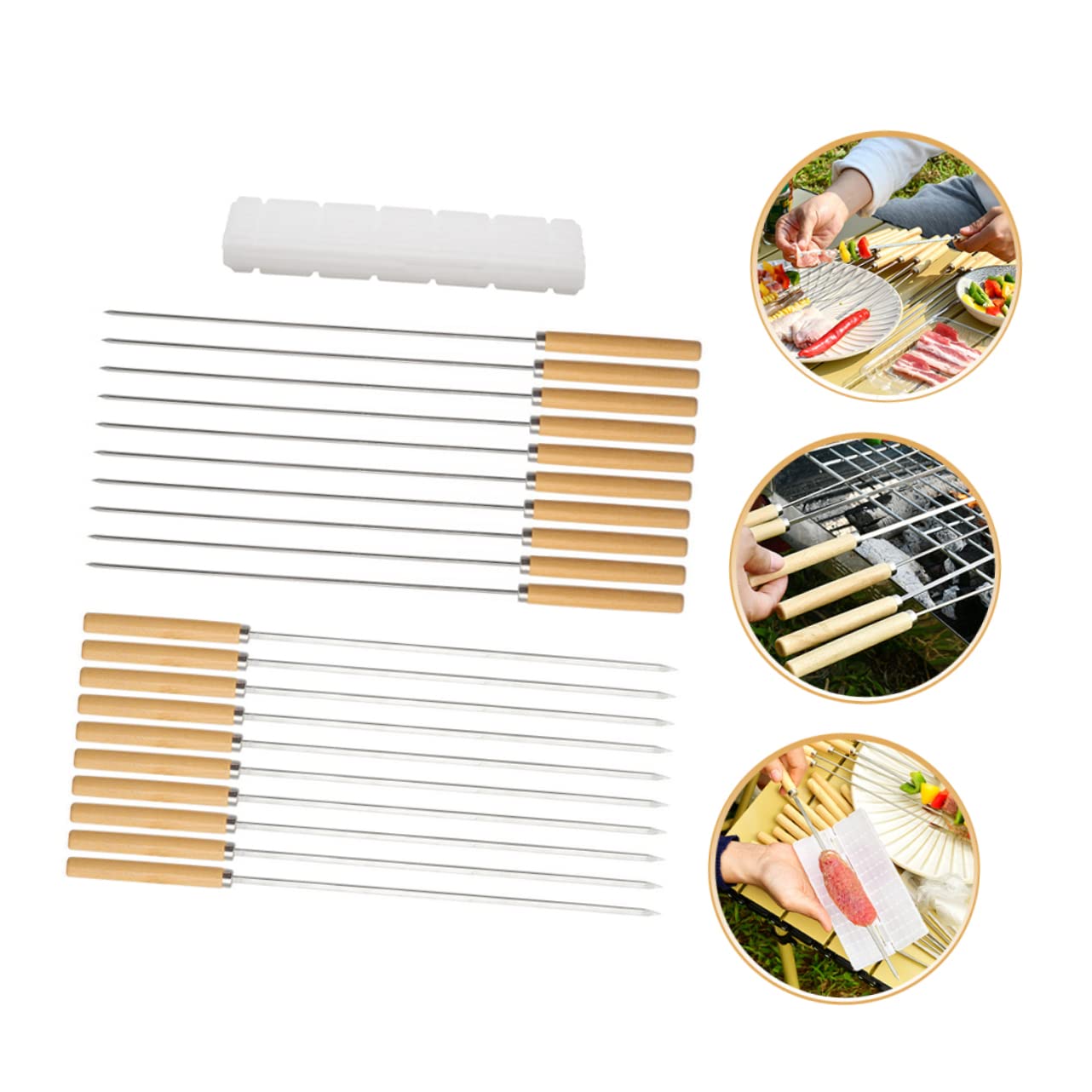 Brochetas Barbacoa De Palitos Inoxidable y Madera Duraderos y Fáciles De Limpiar