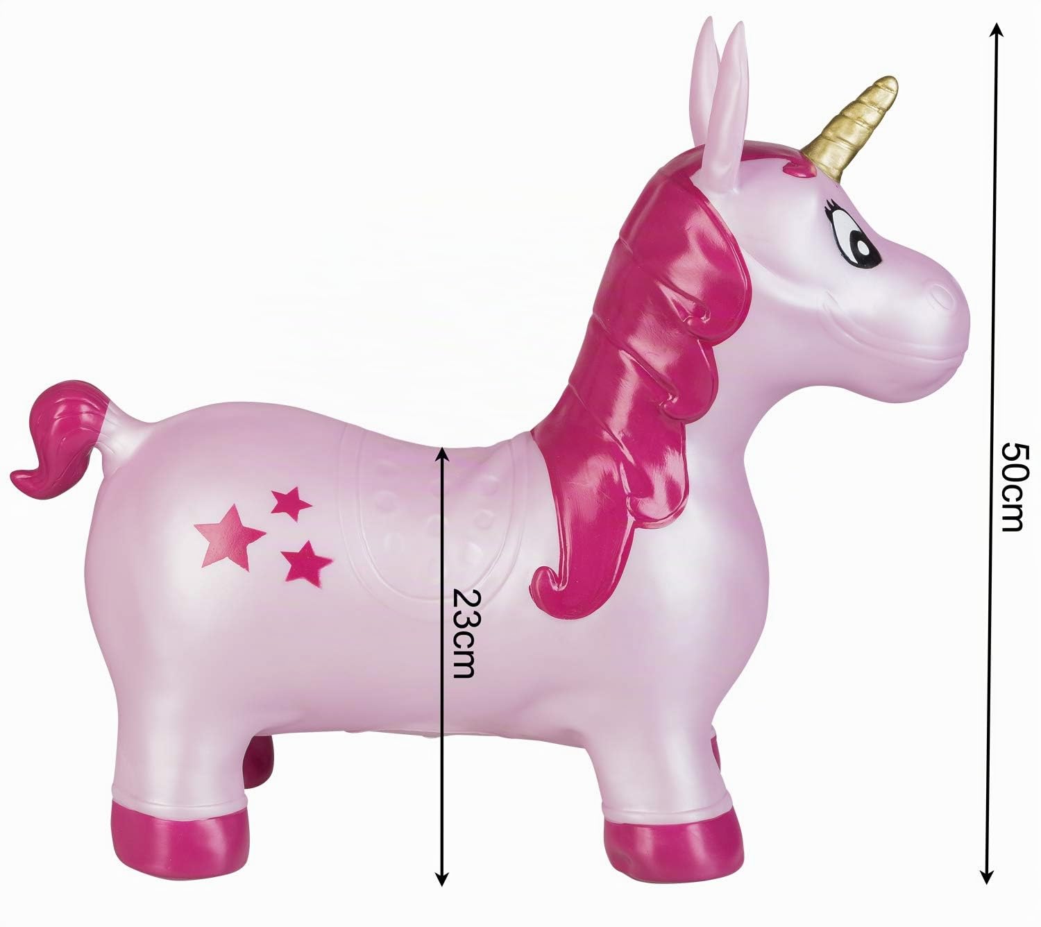 Idena 40133 - Caballo hinchable unicornio rosa con estrellas, incluye bomba de aire, puede soportar hasta 50 kg, optimo para el interior y el exterior, en el parque o la guardería,59 x 23 x 53 cm