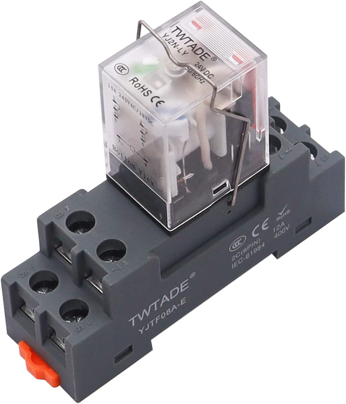 TWTADE/DC 24V Relay 10A Electromagnetic Power Coil Relay 8 Pins DPDT 2NO+2NC with Indicator Light and Socket Base -YJ2N-LY