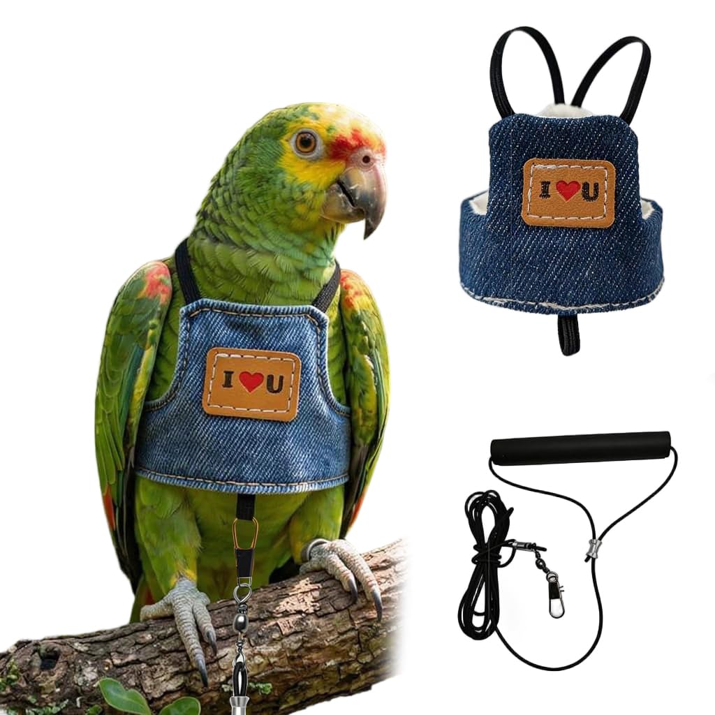 qpets bird flight harness with leash, adjustable vest for medium parrots m | 20cm back girth, lightweight denim, breathable, non-slip handle, elastic leash with d-ring, fits cockatiels.