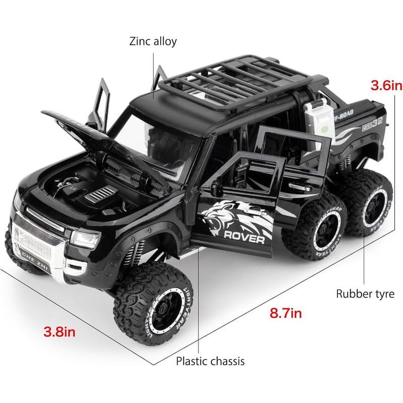 Image of Kids Model 1:24 6 Wheel Defender Die Cast Metal Car Pull Back Action Opening Doors with Realistic Engine Sound Lights Toy Car Gift for Boys - Black