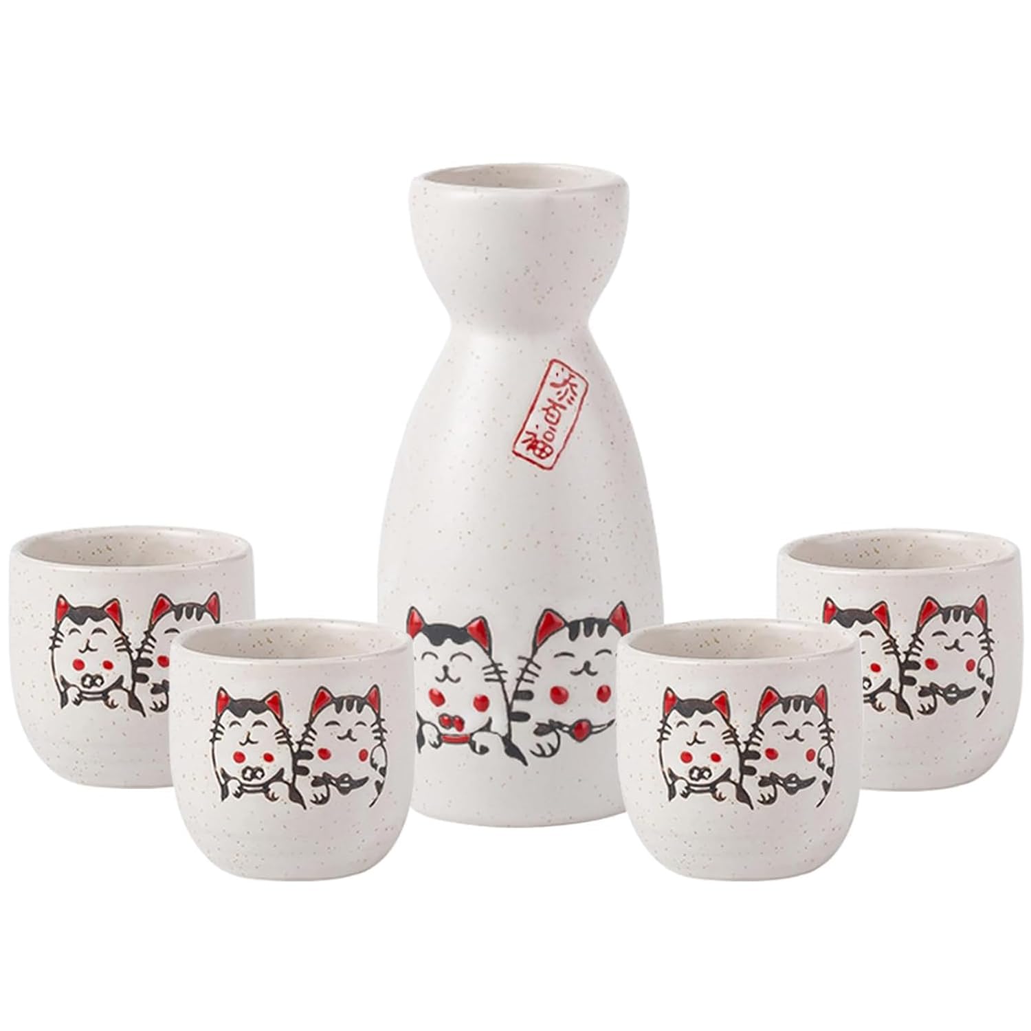 Set di 5 tazze per sake giapponesi e tazze da sakè, design tradizionale dipinto a mano, tazze in ceramica Neko, caraffa da portata in ceramica con gatto portafortuna