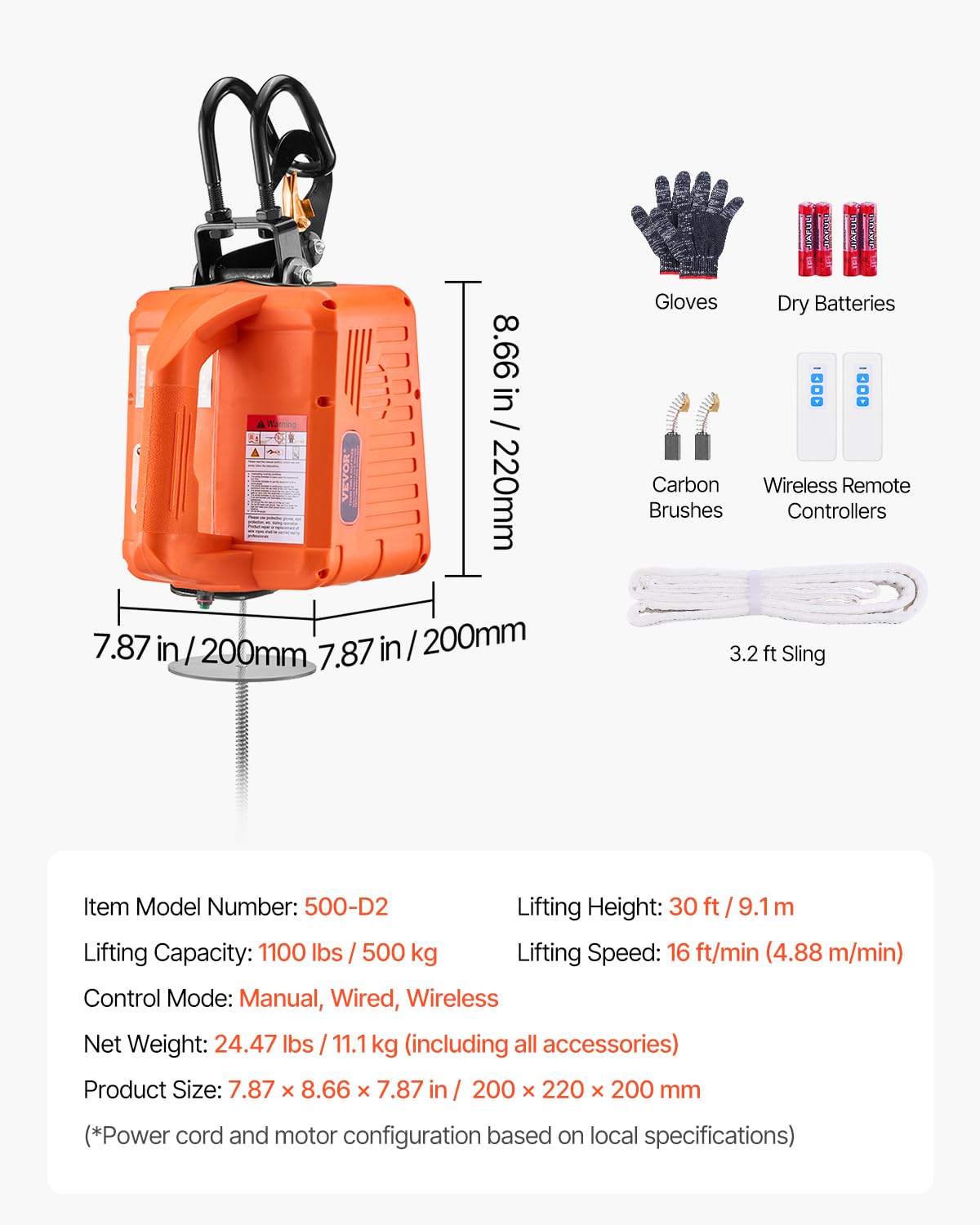 VEVOR Verricello Elettrico, Capacità 500 kg, Verricello Elettrico Portatile 1500 W, Altezza di Sollevamento 9,1 m, 4 m/min con Telecomando a Filo e Wireless, per Garage Fabbrica Sollevamento Traino