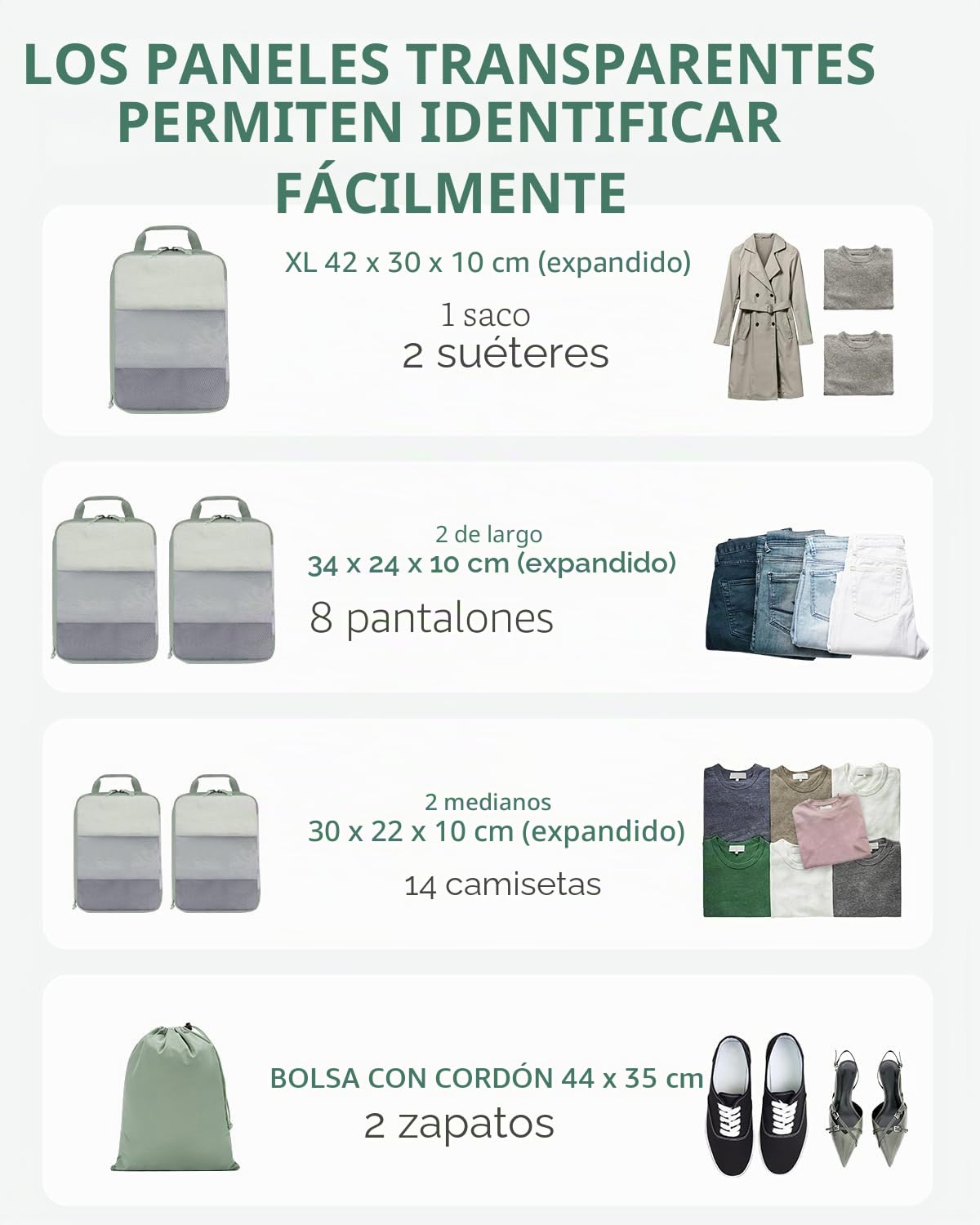 ECOHUB 6 Sets Compresión Organizador Maleta, Ultra Resistente Packing Cubes, Expandible Organizador de Equipaje, Transparente Bolsas Ropa Maleta Viaje (Verde)