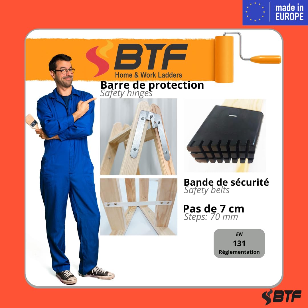 BTF Escaliers en Bois de pin Double montée certifiés |Idéal pour Les Professionnels Peintre, scayoliste, électricien ou même pour Votre Maison! (4+4 Marches)