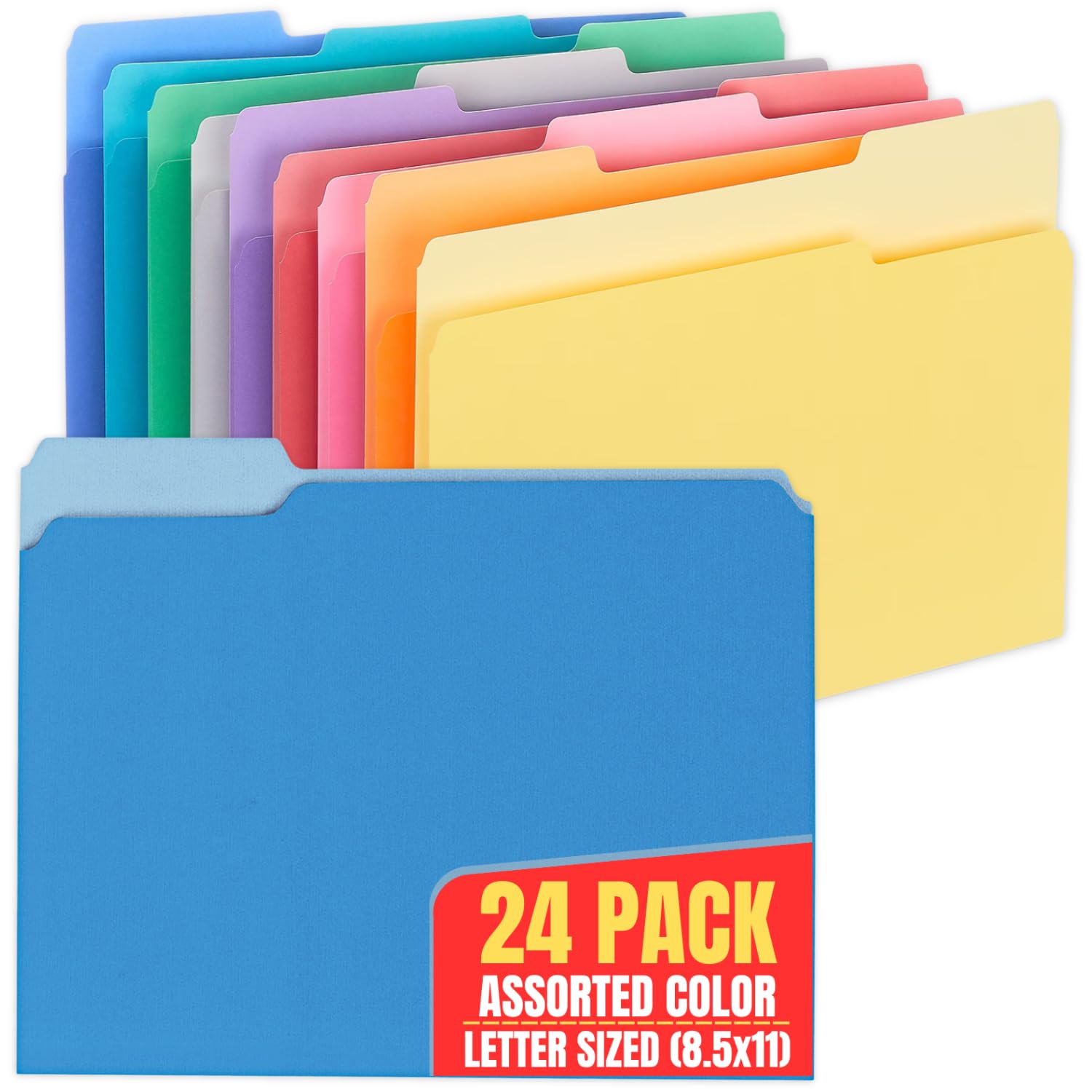 1InTheOffice Colored File folders Letter Size, 3-Tab File Folder, Assorted Colors, 24 Pack