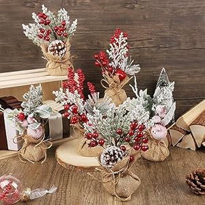 Winemana 6 pcs mini christmas tree table decorations 9 small artificial trees with red berries pine cone tabletop centerpiece for home office room holiday decorations  urban country home decor