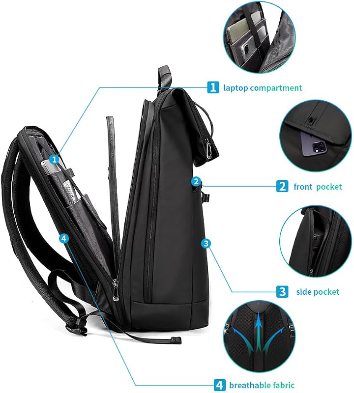 BANGE 2888 Roll Top Hátizsák 15,6" Laptophoz - Vízálló, Lopásbiztos Táska Utazáshoz, Túrázáshoz, Iskolába és Munkába - Fekete