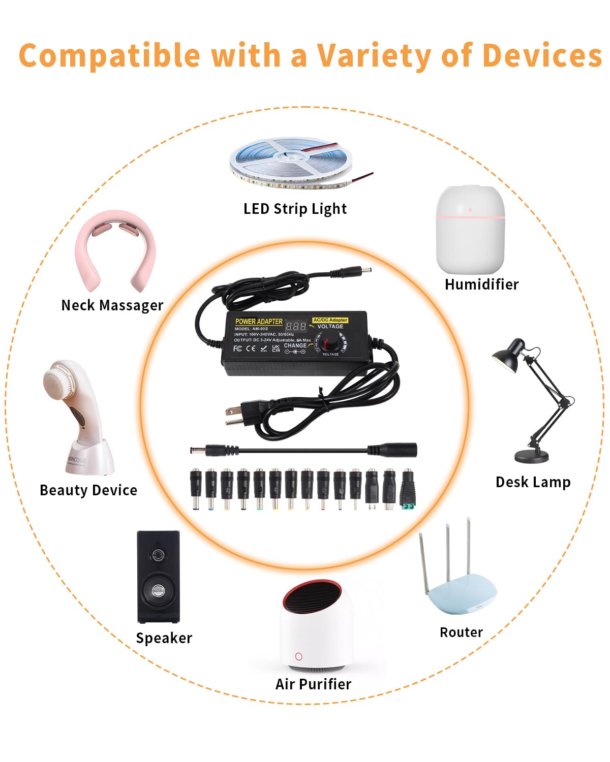 Fuente de alimentación ajustable de 3 ~ 24 V 6 A, adaptador de corriente universal de 144 W con enchufe de salida CC de 5,5 x 2,1 mm, convertidor de fuente de alimentación de CA a CC de 100-240 V
