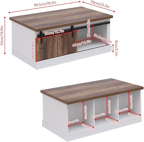 Miniatura 2 de 4HOMART - Mesa de centro de granja con almacenamiento y puertas corredizas de granero, mesa de sala de estar con estantes, mesa central rectangular,