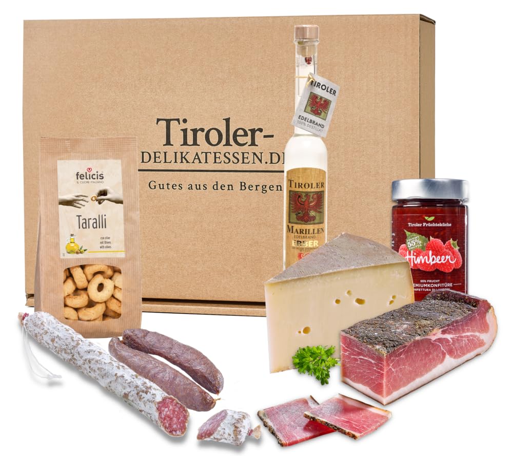 Almgourmet - Geschenkset "Jubiläum" - 1760g + 0,2l - mit 7 Tiroler Delikatessen für den besonderen Anlass - u.a. Speck, Bergkäse und Konfitüre
