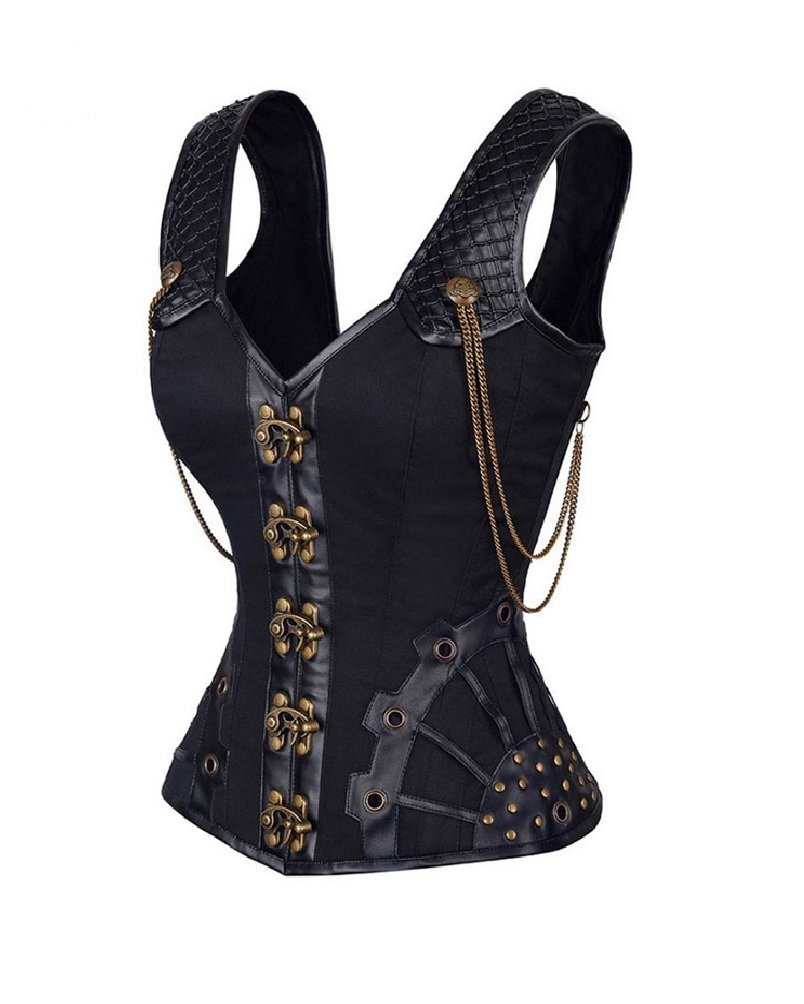 Black Satin Leather Shoulder Strap Steampunk Waist Training Overbust Corset Top