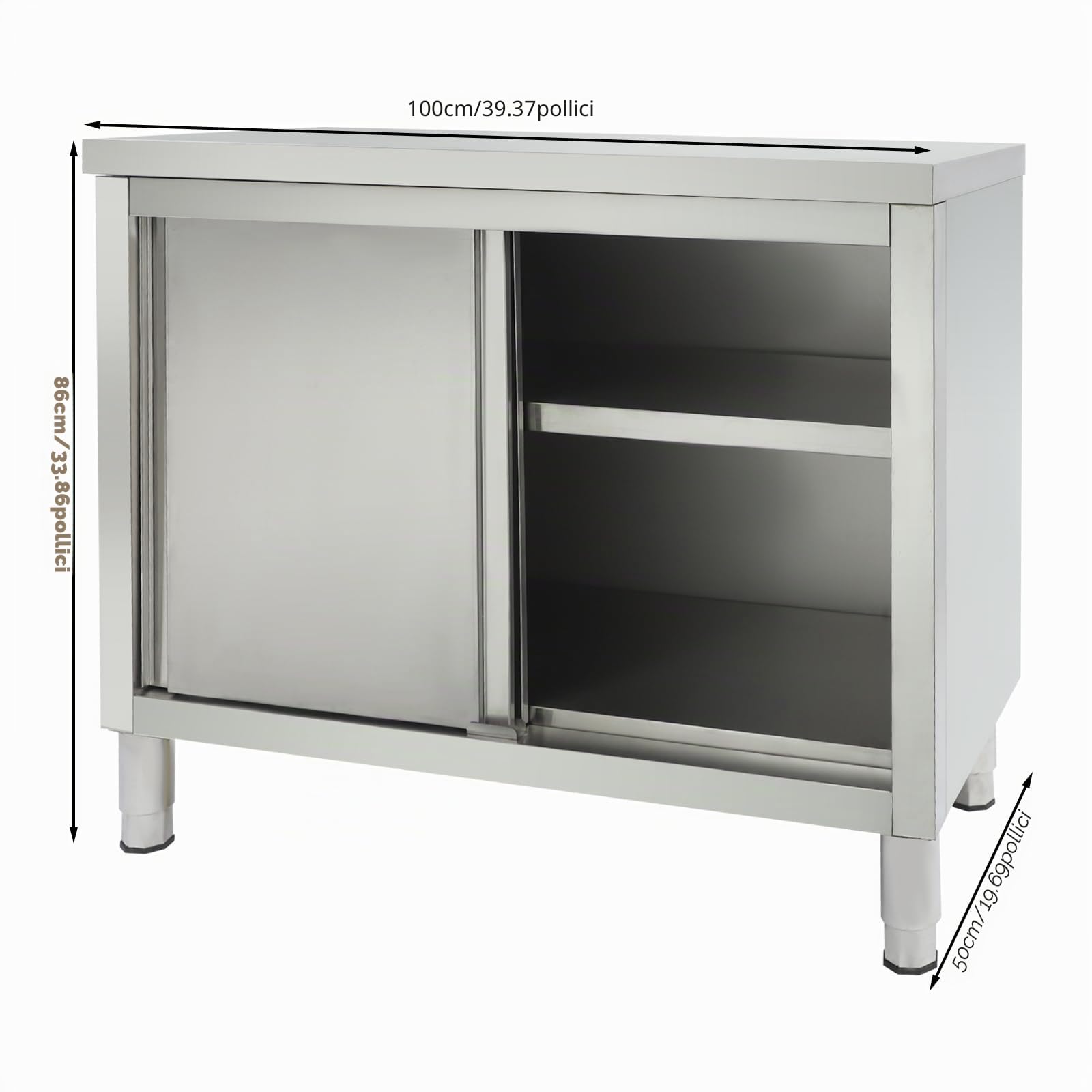 Tavolo da lavoro con ante scorrevoli, in acciaio inox, 100 x 50 x 86 cm, altezza regolabile 5-20 cm, armadio in acciaio inox, elevata capacità di carico, doppio uso