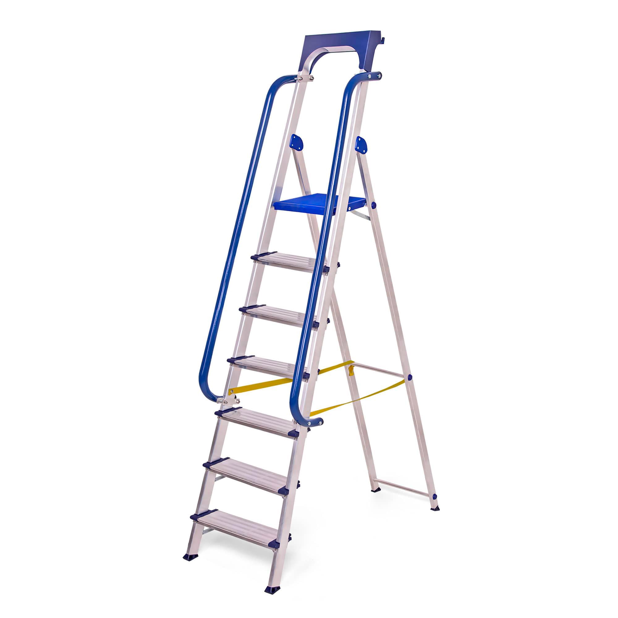 HOSTRÖM Escalera de Tijera de 7 peldaños Secure Pro, Aluminio Reforzado, Segura con barandillas, Bandeja portaherramientas, Altura de Plataforma 158 cm, garantía de 5 años