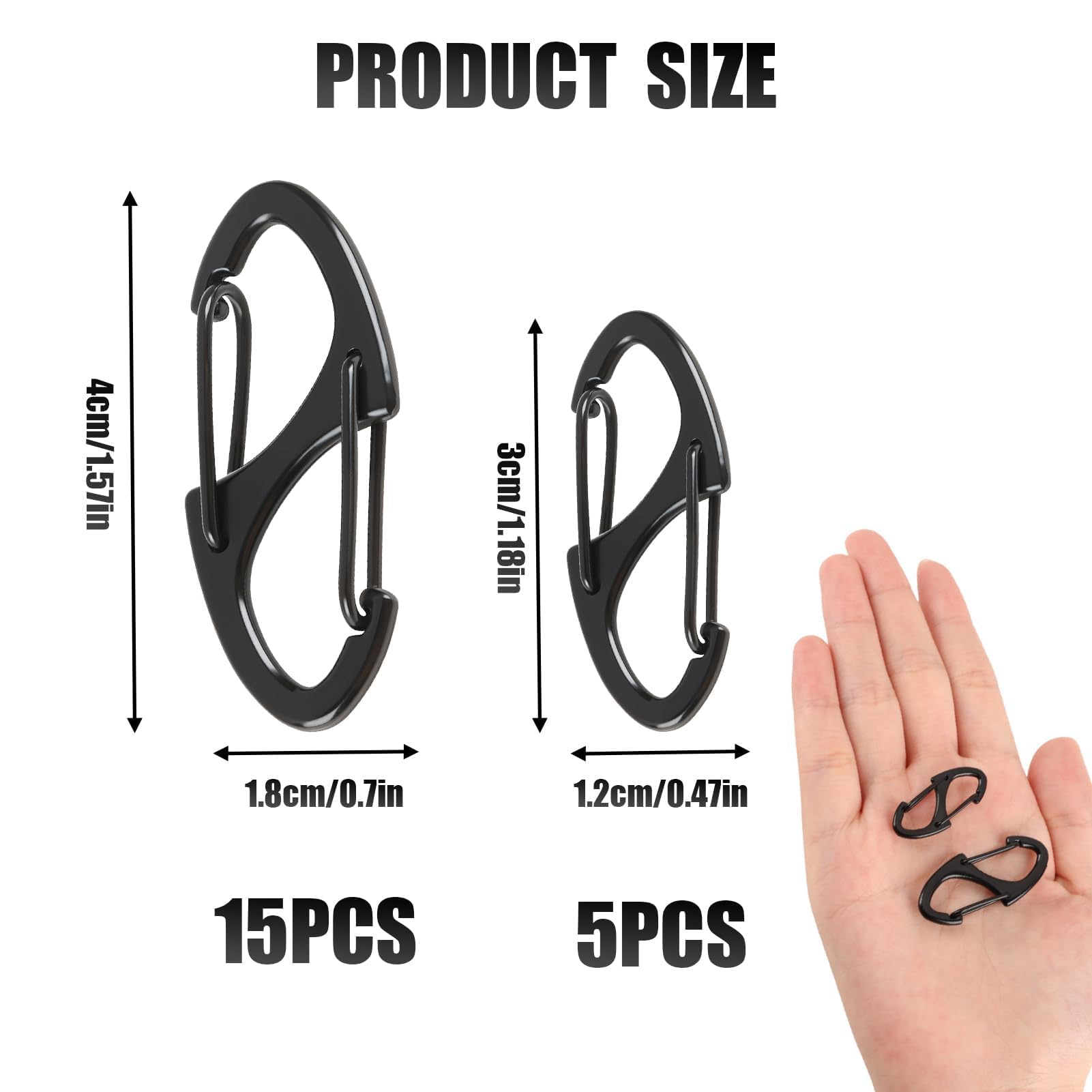 Double Sided Small Carabiner Clips 15 Big and 5 Small, Anti Theft Compact S-Shaped Dual Hook for Keys, Gear, Outdoor Essentials, Hiking, Camping, Backpacks and EDC Organization (Black 20 Pcs)