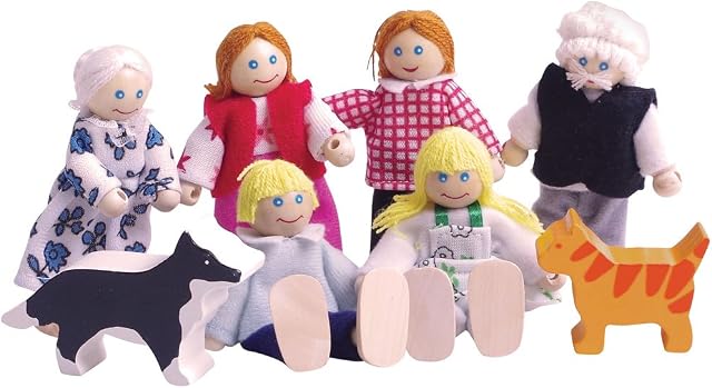 Bigjigs Toys Heritage Playset Wooden Dolls House People - 8 Wooden Dolls Family for Dollhouses , Quality Dolls House Accessories for Pretend Play