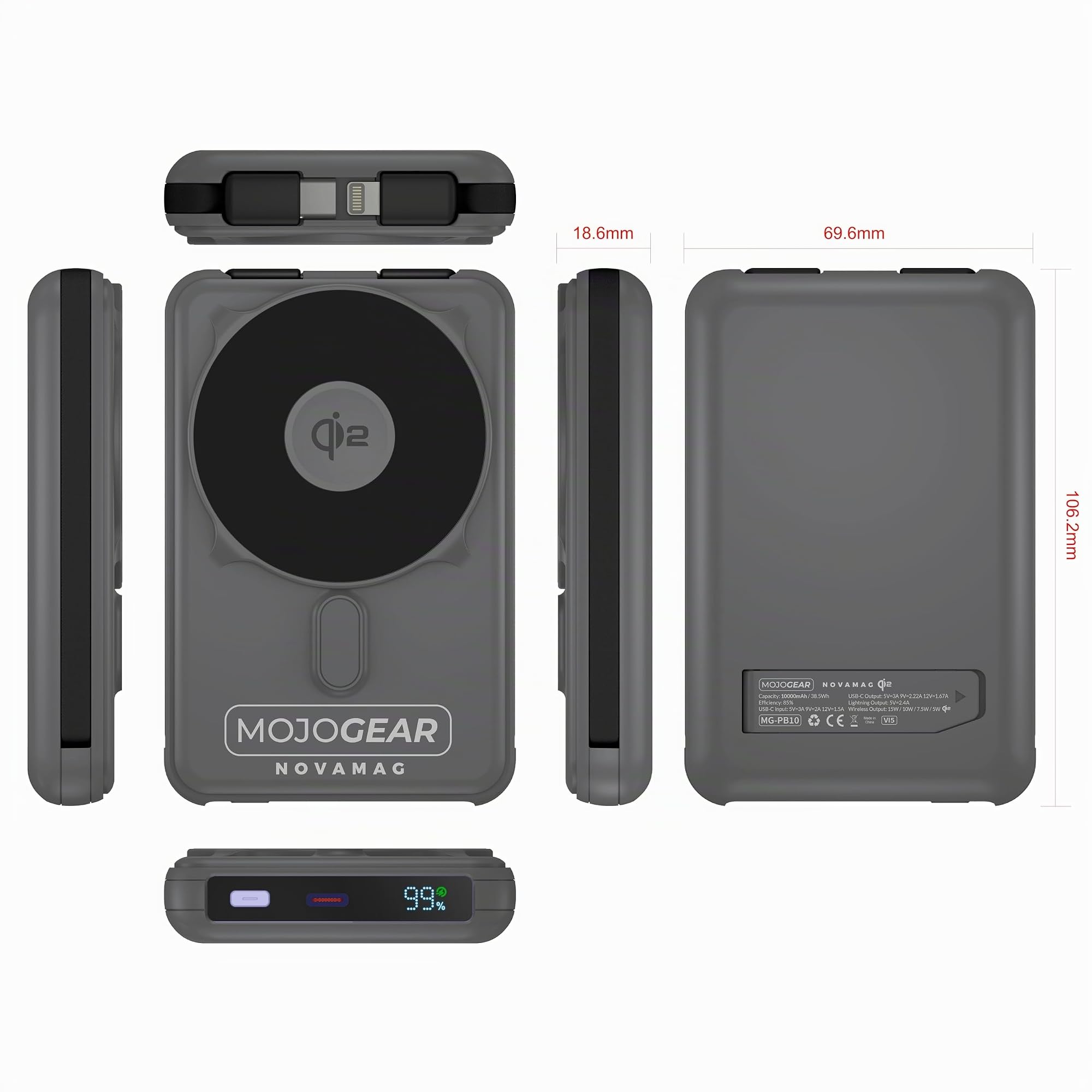 MOJOGEAR NovaMag All-in-1 Power Bank 10000mAh - Wireless Qi2 Super Fast Charge - Cavo USB-C e Lightning integrato - Compatibile con iPhone e Samsung - Mag Safe Powerbank - Display LED - Grigio