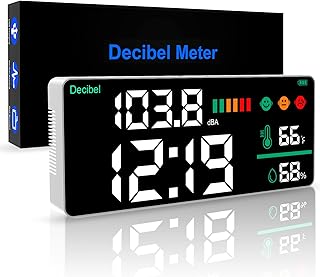 4-in-1 Decibel Meter Sound Level Reader + Digital Clock + Humidity & Temperature. 11 inch Large LED Display Wall Mounted Classroom Noise Decibel Reader Meter, Sound Meter, DB Meter & SPL Meter
