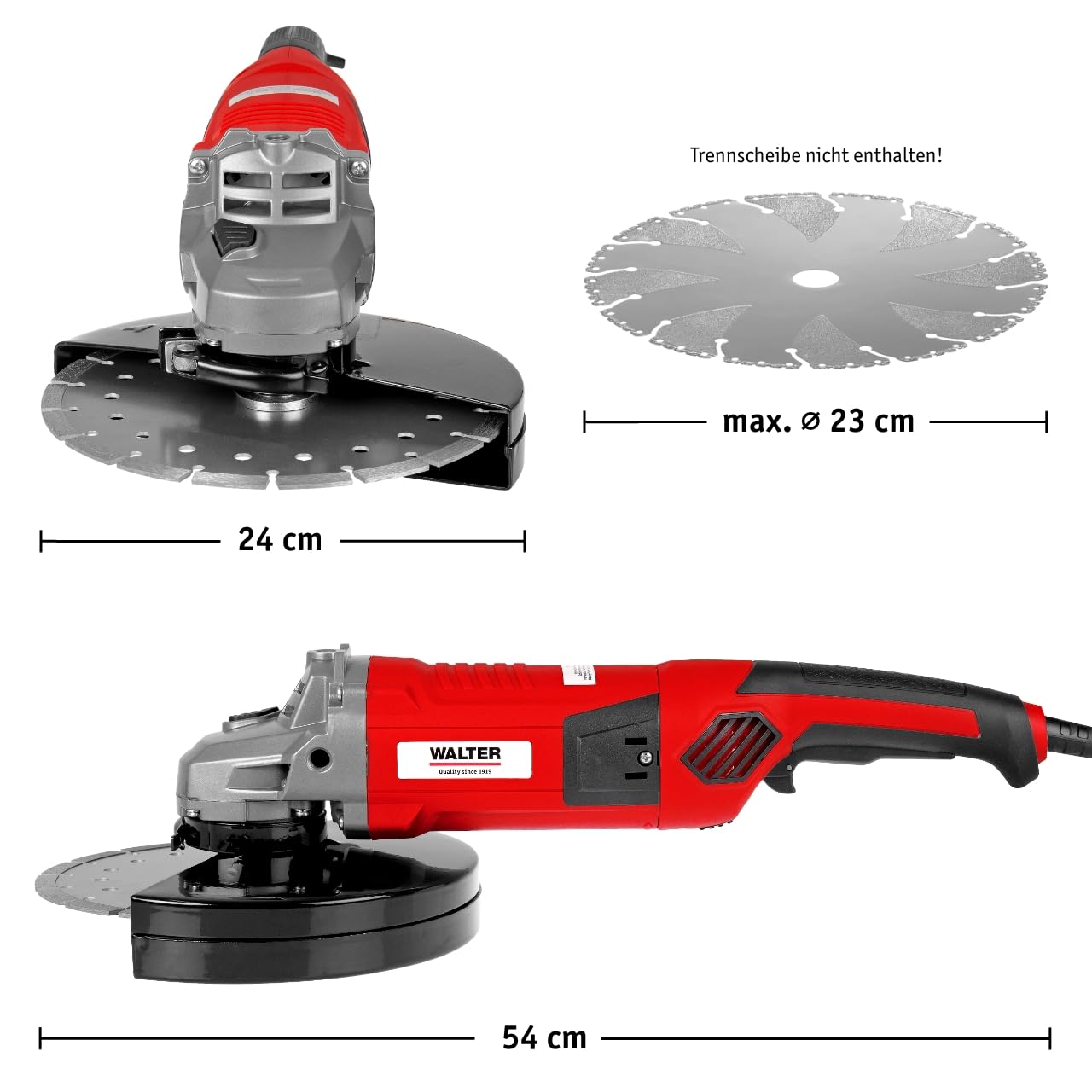 WALTER Winkelschleifer 2000 Watt, Scheiben-Ø: 230 mm, Polieren, Flexen, Flächen und Kanten schleifen, Rost entfernen, Messer schärfen, Bearbeiten harte Werkstoffe wie Stein & Metall, Beton, Fliesen