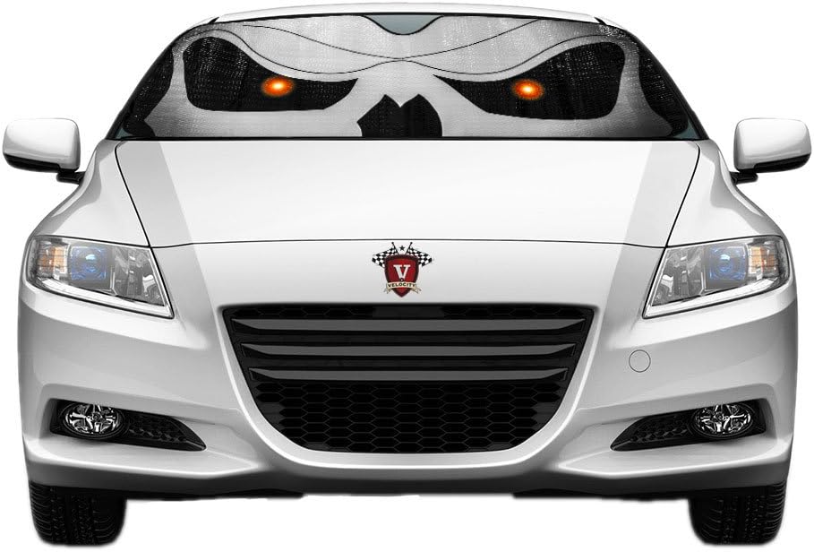 Velocity Motorsports Slanted Skull Eyes Reflective Double Sided Sunshade for Car Truck SUV Front Windshield Window Reversible Sun Shade Universal 24x58 inches