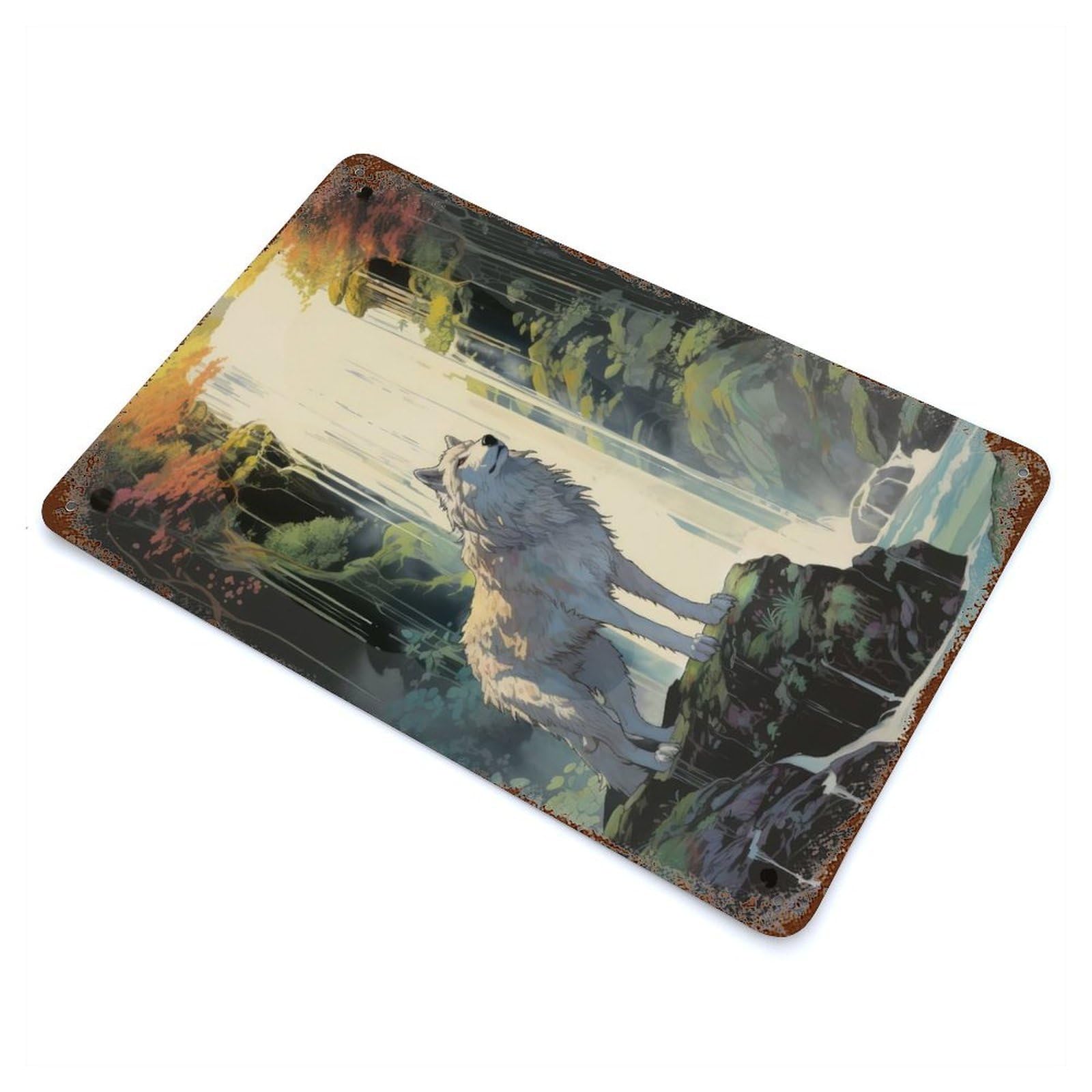 A Wolf at The Waterfall Decorative Tin Sign 11.8"x7.9", for Bistro, Counter And Cafe Decor, Retro Wall Decor