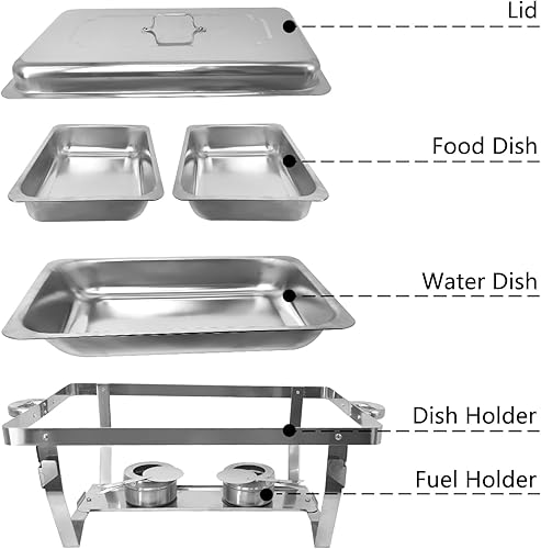 Miniatura 7 de Juego de 4 platos para bufé, rectangulares de acero inoxidable, kit calentador de alimentos con tapas, bandejas para alimentos, marías y soportes