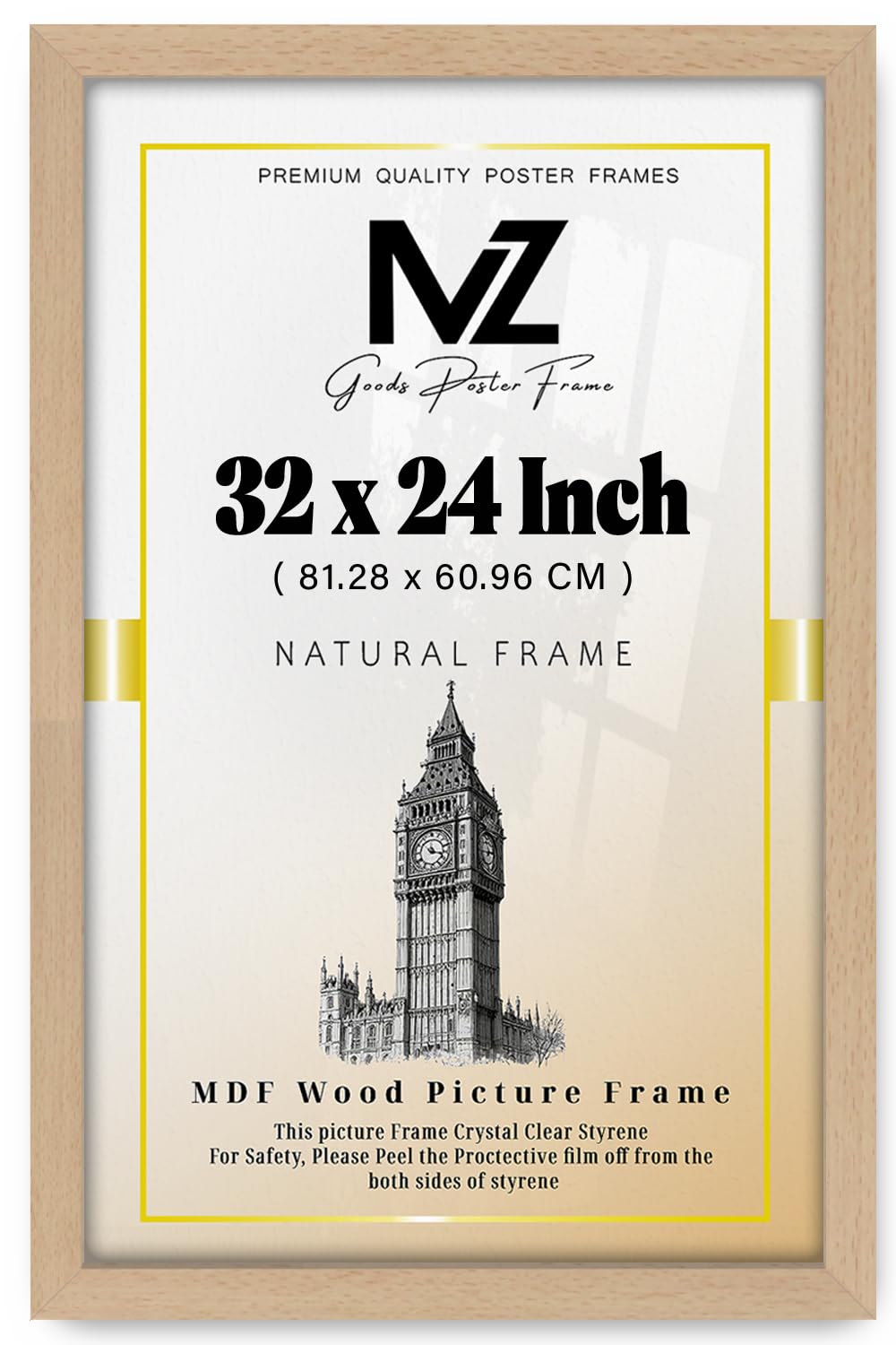 MZ GOODS | MDF Picture Frame (81.28 x 60.96 CM) 32X24 Inch for Art, Photography, Premium Build, Wall Mounted or Tabletop Display, Hanging Hooks Included [ Beech ]