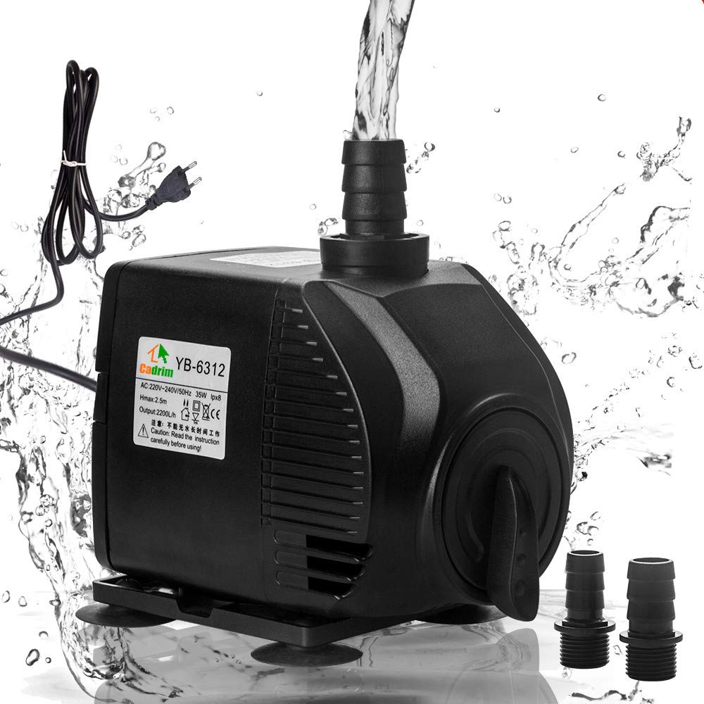 Bomba Sumergible, Cadrim Bomba de Agua para Acuario,2200L/H 220-240V/35W Bomba de Acuario,con 2 Boquillas, Cable de 1.5m, Bomba de Circulación para Acuario de Fuente de Estanque, Sin Ruido