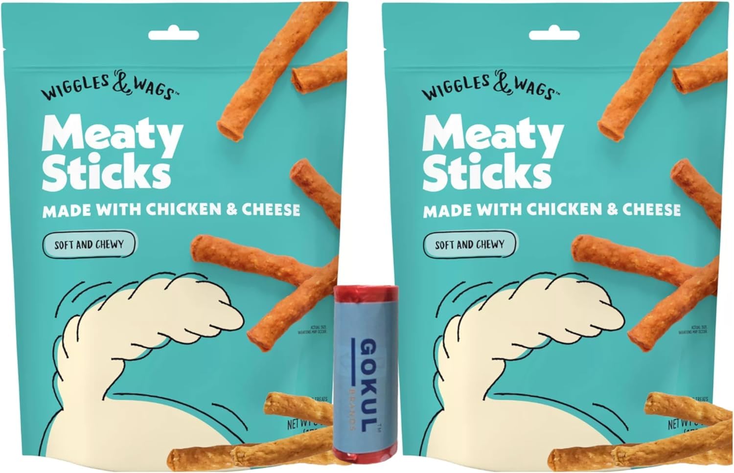 Wiggles & Wags Meaty Sticks Soft Chews, Dog Treats Sticks, Chicken & Cheese Dry Puppy Food - 6oz (Pack of 2), Bundled with Poop Bag