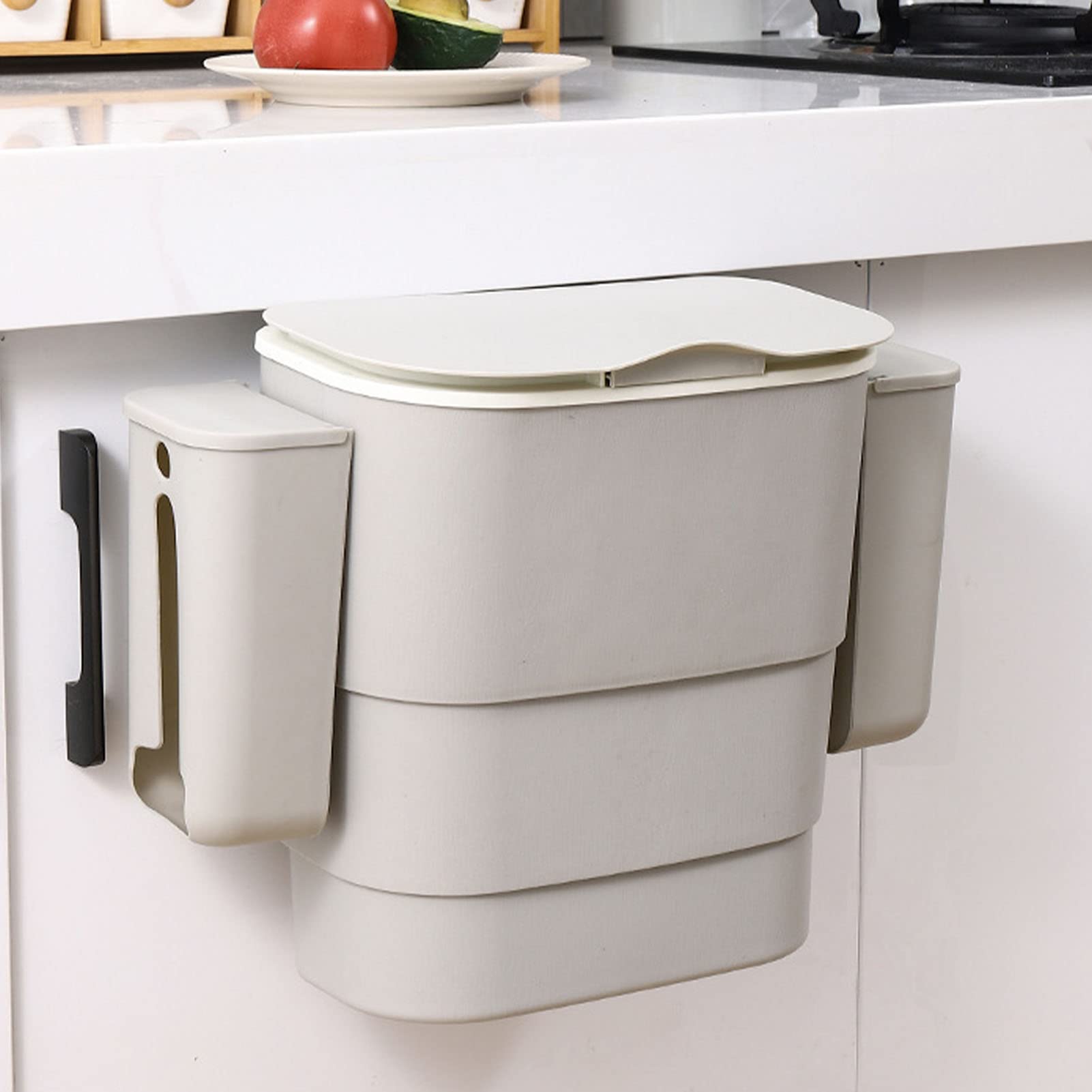 Poubelle Murale De Grande Capacité Avec Couvercle Et Porte De Cuisine À Suspendre Blanc[H2571