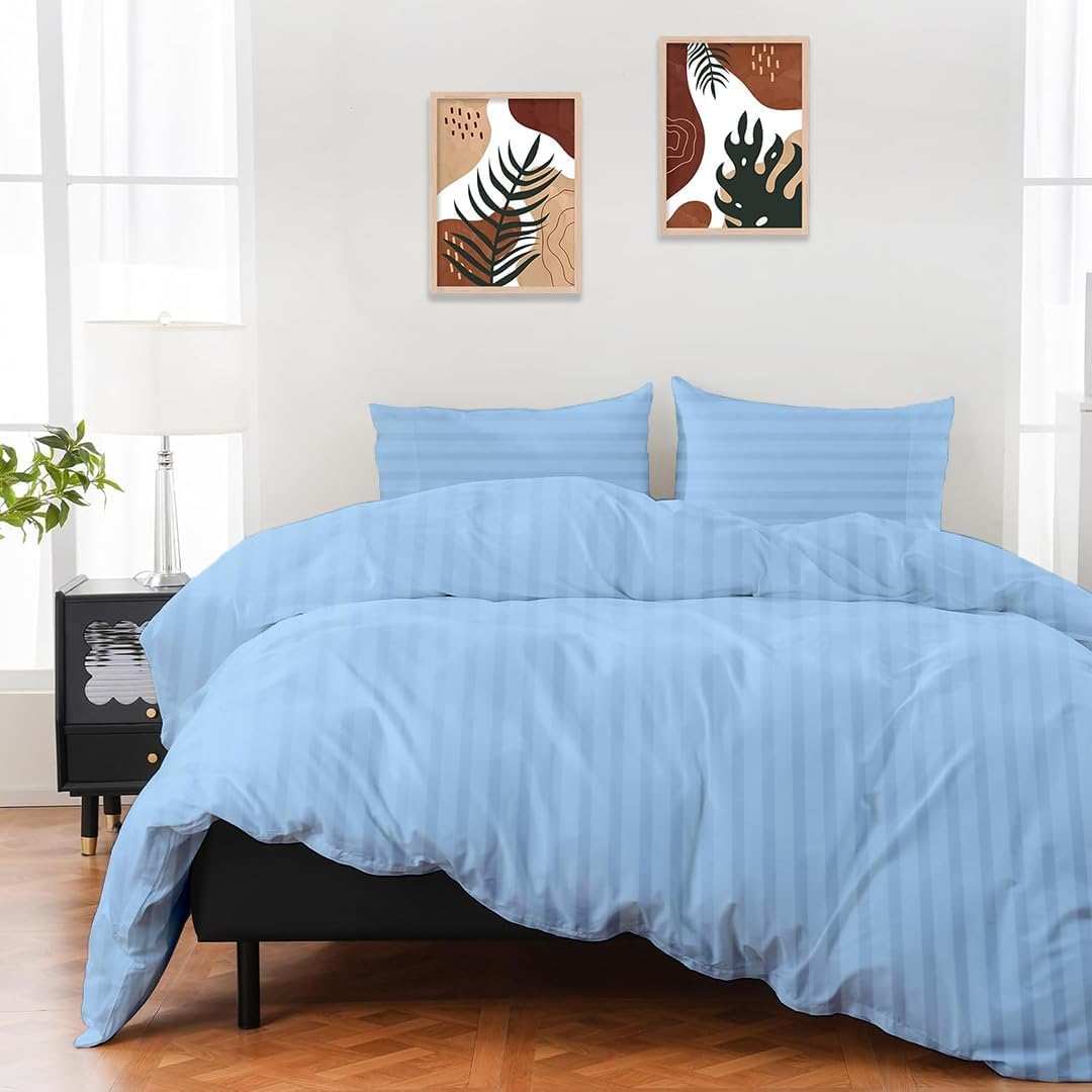 Cott Linen 100% Cotton Duvet Cover for Single Bed with Zipper (60x92 Inch)-Light Blue Stripe-image-25