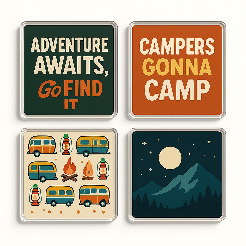 The Plum Penguin Campfire Nostalgia Acrylic Coaster Set Of 4 With 1950S Camping Nostalgia - Retro Campfire Quotes Decor For Campervan Enthusiasts