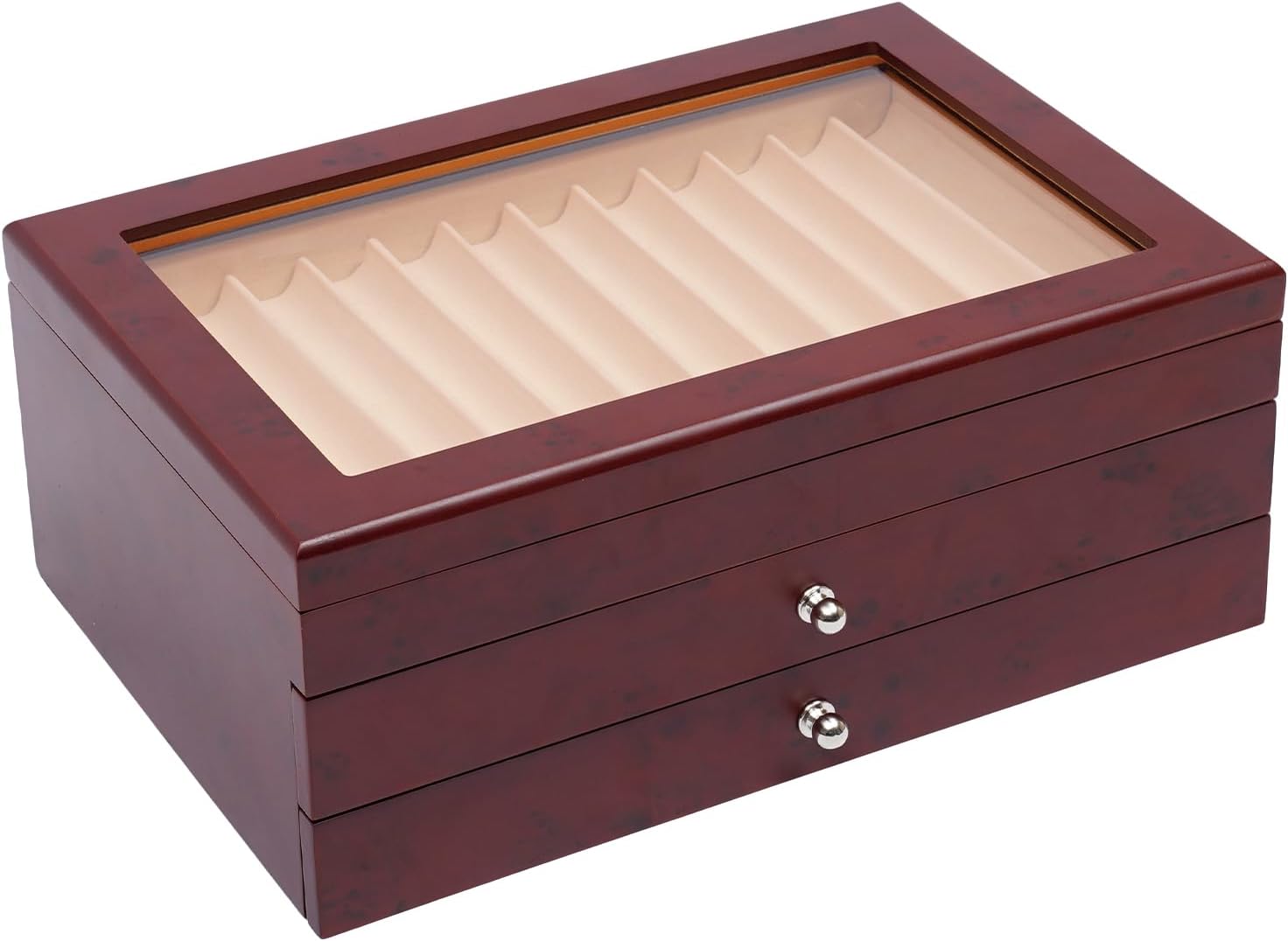 Wood Pen Display Box, 3 Layer Pen Organizer Box 34 Pens Storage Fountain Pen Collector Case with Glass Window for Shop or Home (Red)