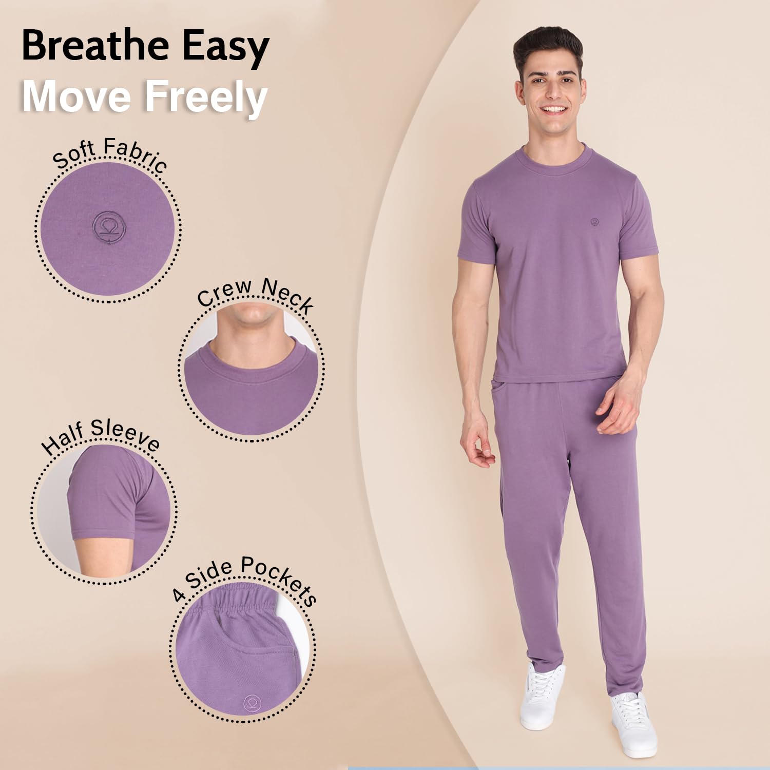 CHKOKKO Men Cotton Solid Casual Summer Wear Coords Stylish Gents Cord Set Half Sleeves Latest Track Suit Round Neck Western Co-Ord Track Pant And T-Shirt Set Purplee Xl