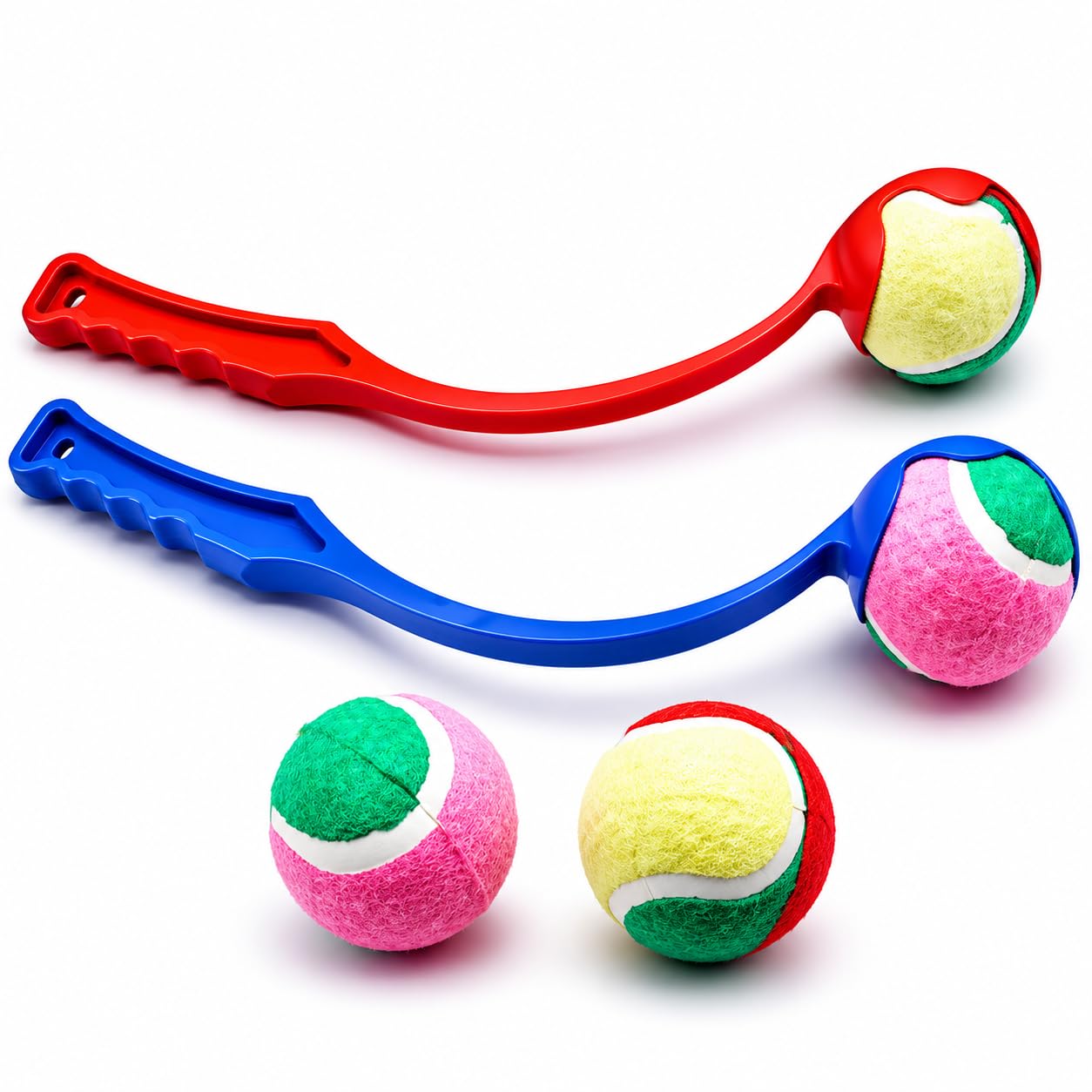 Interactive Dog Ball Launcher Toy Set with 2 Tennis Balls Long Throw Fetch Stick for Dogs Hands Free Pet Exercise Training Toy for Small Medium Large Dogs Outdoor Fun Dog Thrower-RED