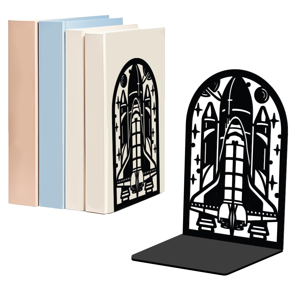 WADORN 1 Pair Universe Spaceships Metal Decorative Bookend for Shelves, Heavy Duty Book Ends Modern Non-Skid Books Holder Stand Book Support Stoppers for Home Office Desk Bookshelf, 5.3x4.3x7.8 Inch