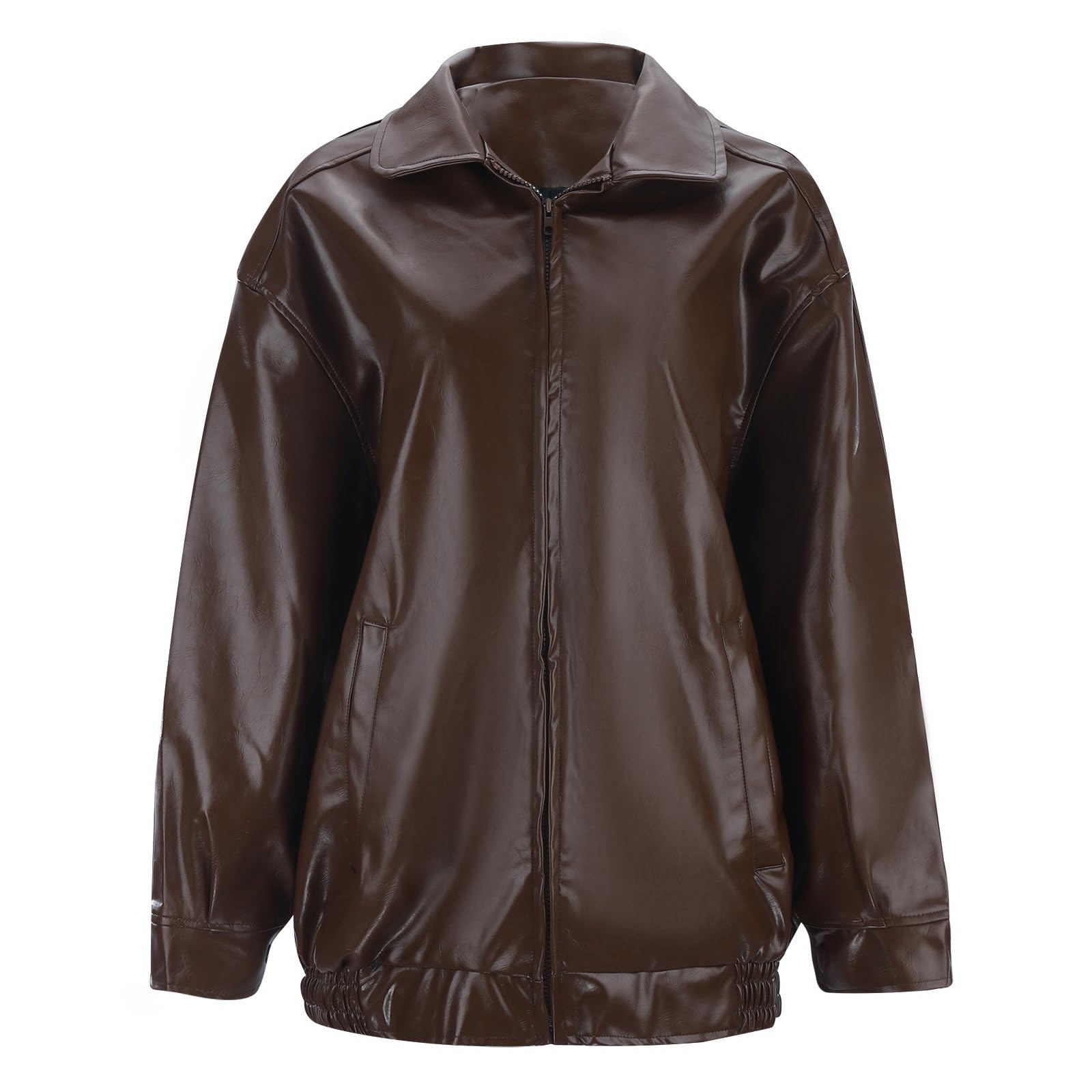 MaNMaNing Damen Herbst Winter einfarbige Motorradjacke aus Kunstleder im Blazer Stil als Damen Lederjacke Kurzjacke