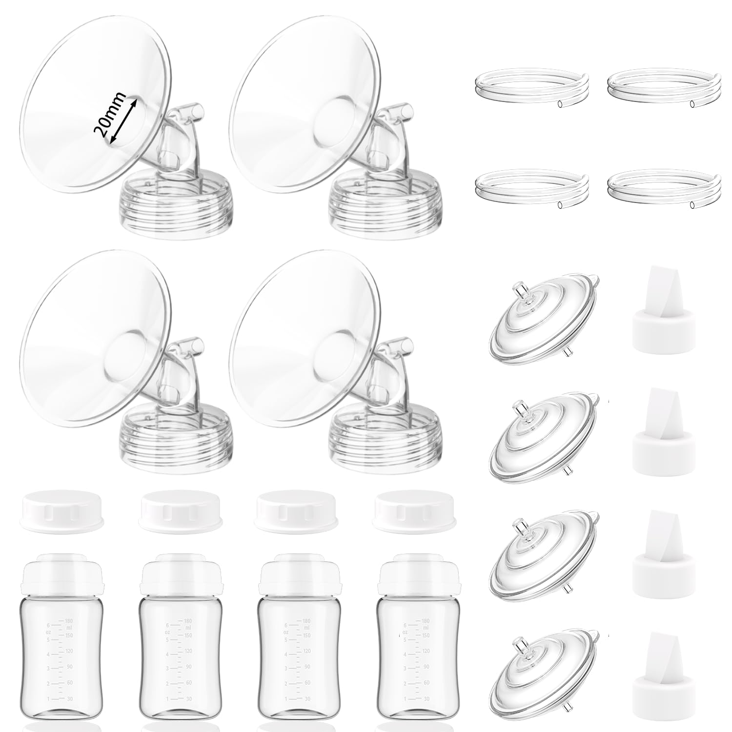 4packs 20mm Full Breast Replacement Pump Parts for Spectra S1 S2 9 Plus Synergy Gold Include 13mm Flange,Valve,Backflow Protector,Tube,Bottle,Caps, Fit for Motif Luna Cimilre Ameda MYA Pump