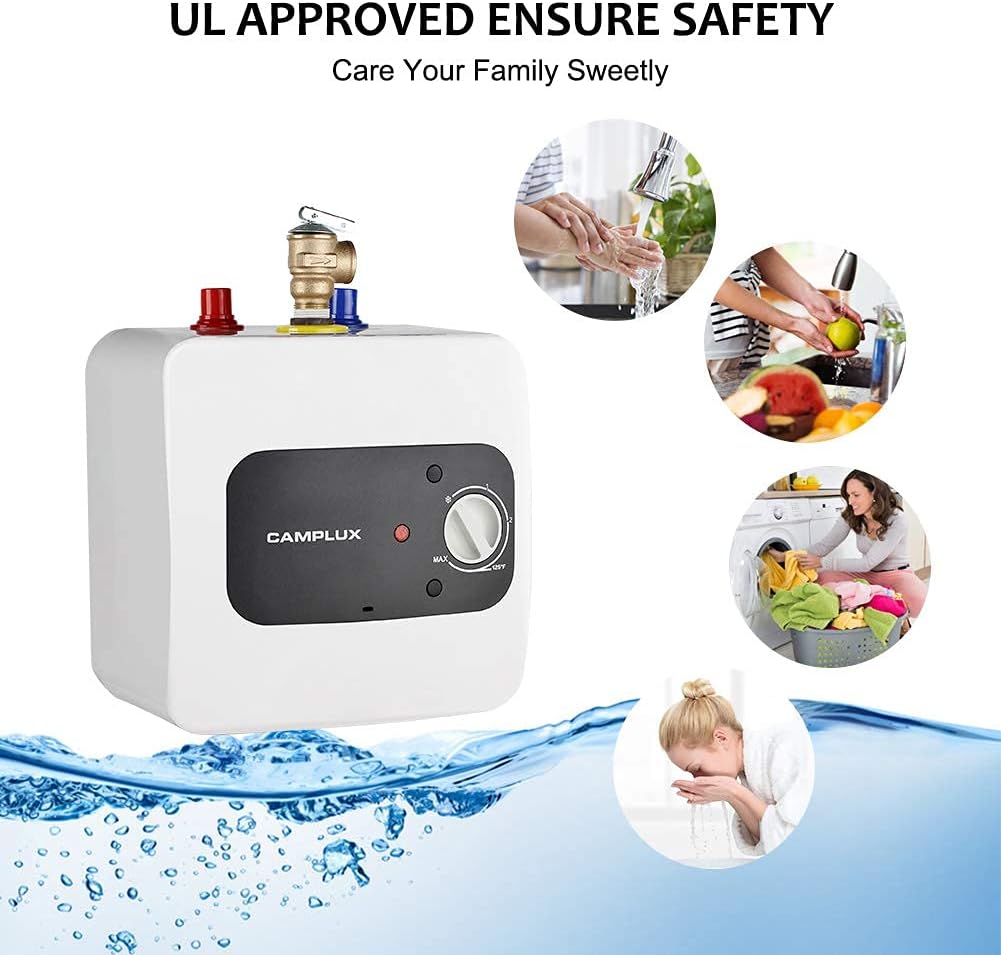 Exclusive Discount 70% Price Camplux Mini Tank Electric Water Heater 1.3 Gallons Hot Water Heaters 120V, Under Sink Water Heater with Cord Plug 1.44kW