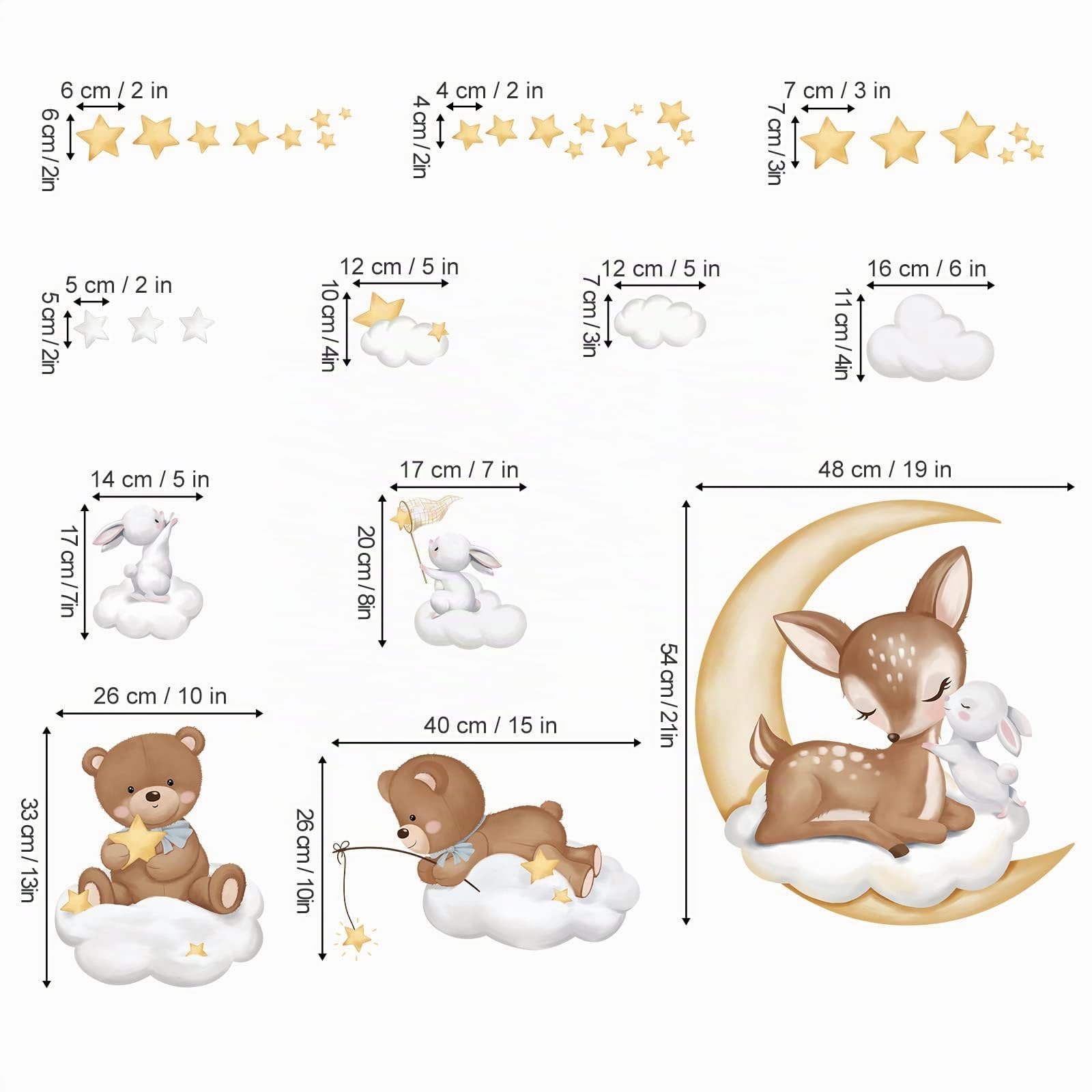 wondever Stickers Muraux Enfants Animaux Endormis Cerf Autocollants Muraux Mural Stickers Ours Lune Nuage pour Chambre Enfants Fille Bébé Pépinière