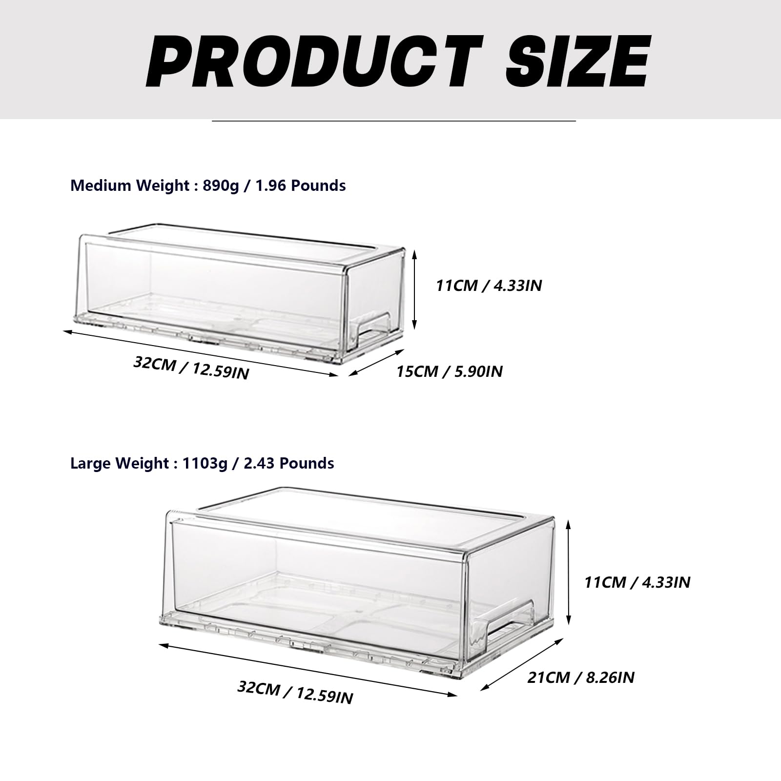 Cajones de almacenamiento apilables, organizador extraíble transparente con asas y almohadillas antideslizantes para cocina, refrigerador, escritorio de oficina, despensa y estantes, perfecto para 2