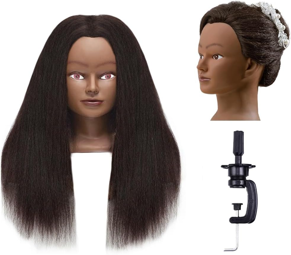 Mannequin Head Human Hair with 100% Real Hair, Hairdresser Cosmetology Mannequin Manikin Training Practice Doll Head for Hairstyling and Free Clamp Holder- （#2 Black 16Inch）
