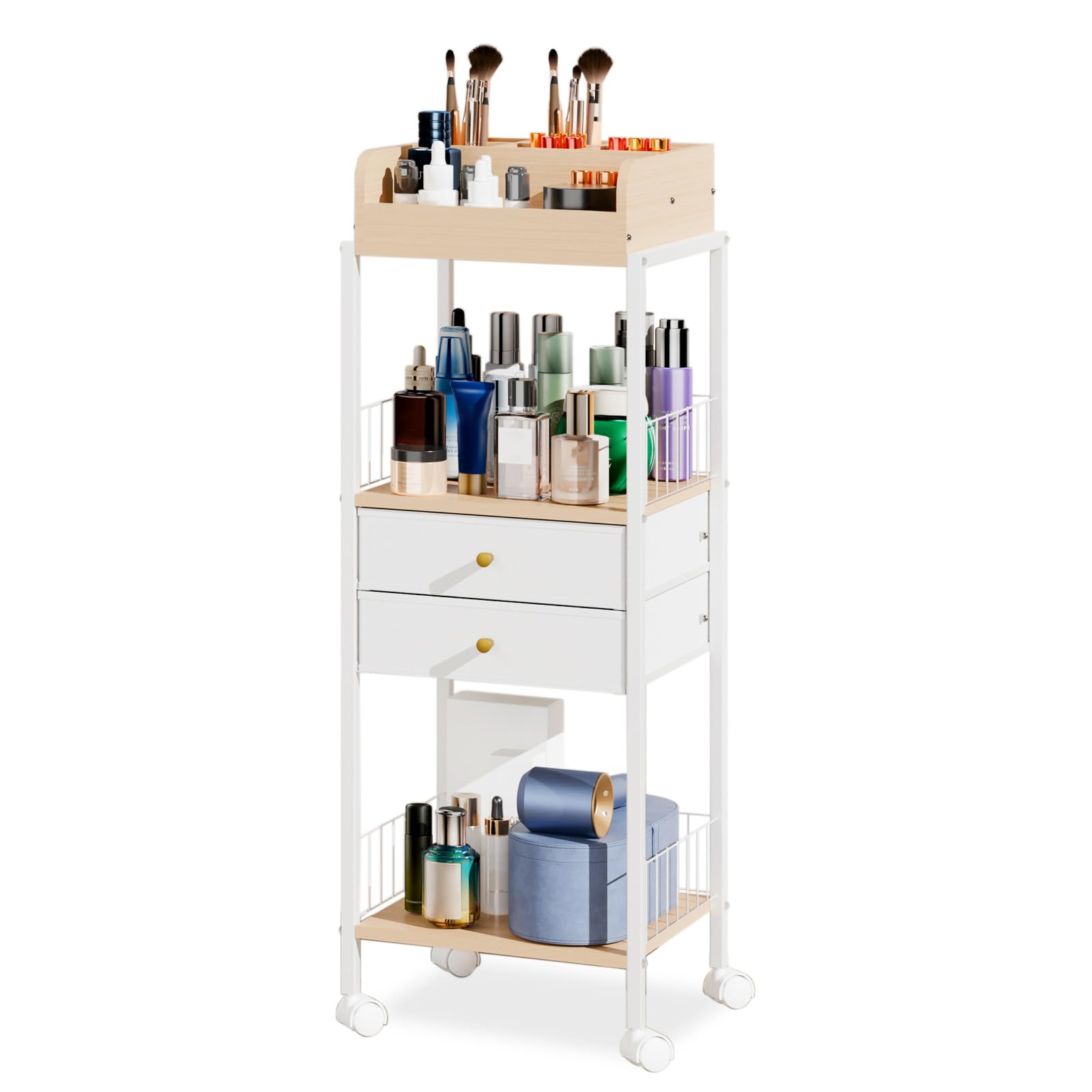 Makeup Organizer Cart Shelf Floor Skincare Organizers Make Up and Station Storage Cabinet For Vanity Standing Cosmetics With Drawers and Wheels For