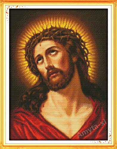 Unique Cross Stitch Kit, Jesus with Crown of Thorns. No Previous Experience Required with Pre-Printed Stitching Pattern Template, 44 x 55 cm