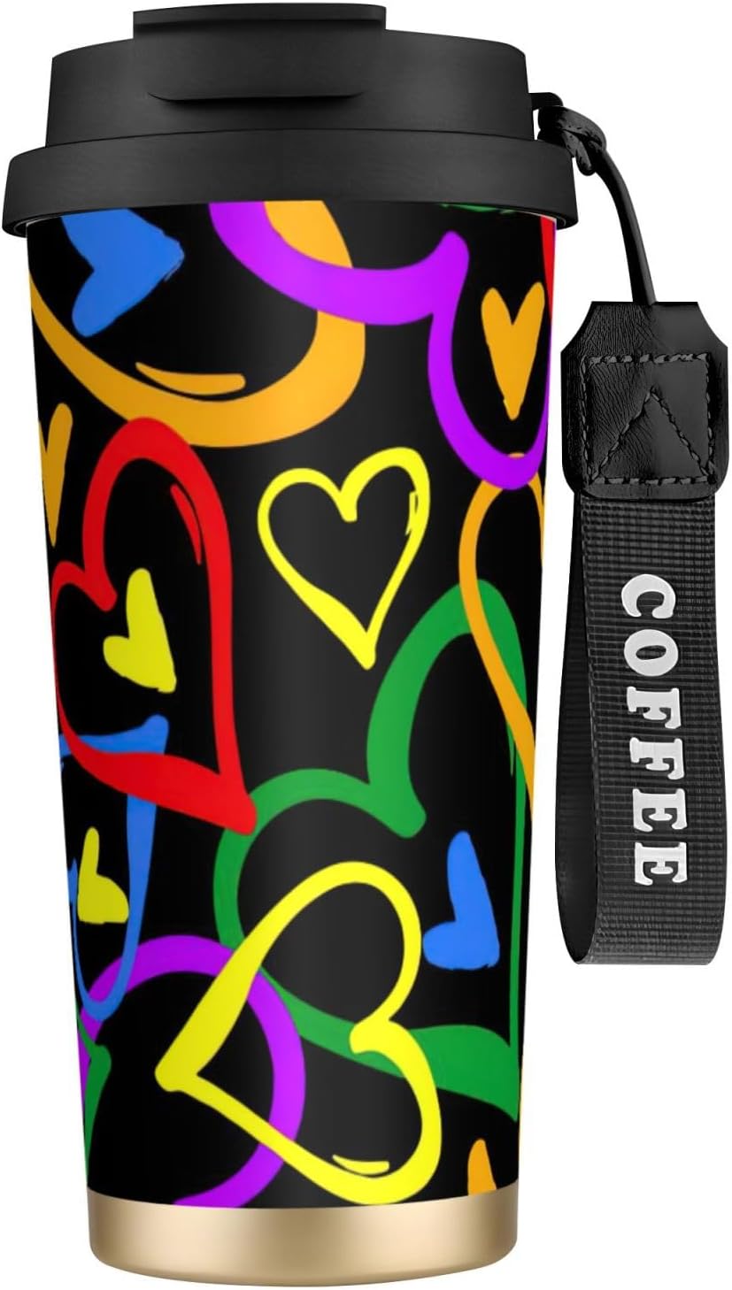Gay Pride Rainbow Print Leakproof Insulated Coffee Mug,Stainless Steel Dual Drink Travel Tumbler,17 OZ