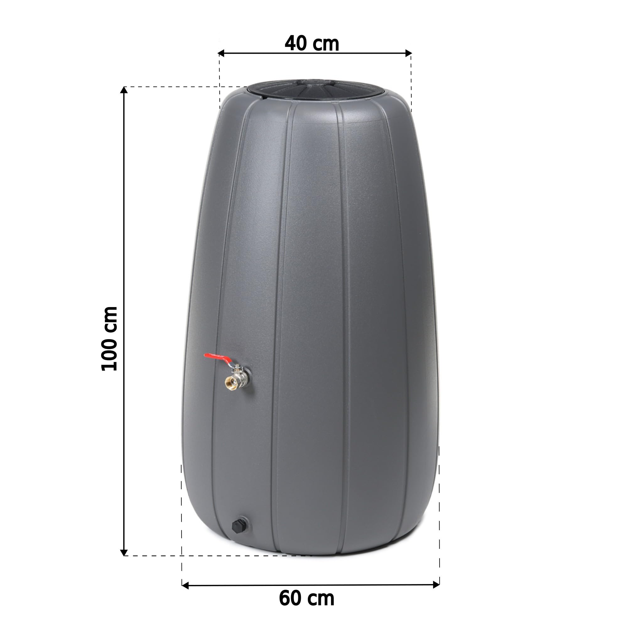 Serbatoio per acqua piovana 200 l, per esterni, in plastica robusta, rotondo e alto, fori di scarico, coperchio, inserto pentola, sistema di drenaggio, con valvola a sfera dritta da 3/4"