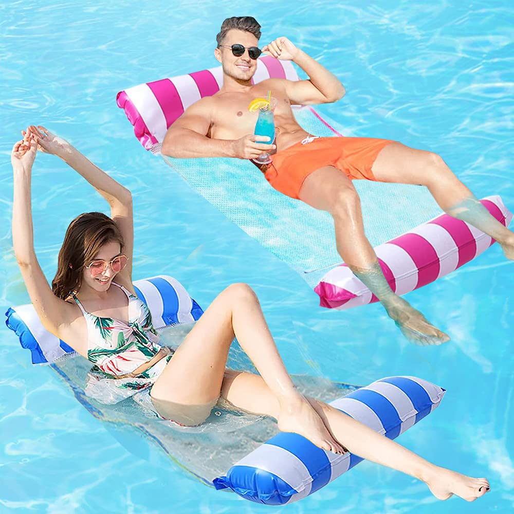 FANIER Hamaca Flotante para Piscina de Agua y Playa, 2Pack, 4 en 1, Tumbona de Inflar para Adultos, Azul Claro Rojo Rosa