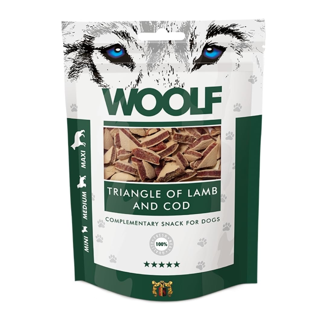 Pack de 10 Snacks Naturales para Perros | Triángulos De Cordero + Bacalao Sin Conservantes | Chuches Perros Naturales - Dog Treats Saludables con Omega 3 Y Proteínas | 100g