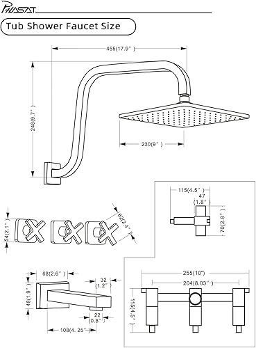 Miniatura 5 de PHASAT PU4D02 - Grifo de ducha de 3 manijas, grifo de bañera y ducha con mango de 3 cruces y cabezal de ducha de 9 pulgadas, boquilla de cascada,
